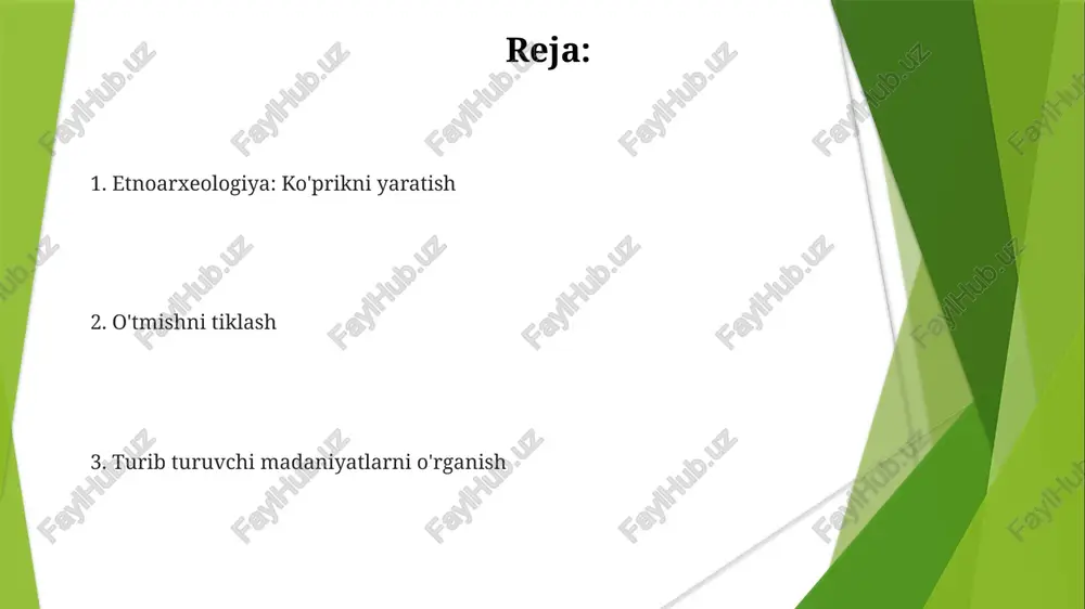 abatlarini talqin qilish imkonini beradi. u materiyaviy madaniyat, texnologiya va ijtimoiy tashkilot haqida ma'lumot to'plash uchun etnografik usullarni qo'llaydi, bu esa o'tmishdagi turmush tarzlari rekonstruktsiyasiga yordam beradi. imon tizimlarini tushunish: muqaddasning moddiy izlari etnoarxeologiya yashovchi madaniyatlarni o'rganish orqali hayot tarzini qayta tiklashga yordam beradi. bu metodika arxeologik dalillar bilan madaniy talqin o'rtasidagi bo'shliqni to'ldiradi. muqaddas narsalarning moddiy izlari o'tmishdagi e'tiqod tizimlari haqida ma'lumot beradi. atrof-muhitga moslashish: inson va tabiat o'rtasidagi o'zaro ta'sir ekologik moslashuv insonlarning atrof-muhit bilan o'zaro munosabatlarini va uni qanday o'zgartirayotganini o'rganadi. bu usul qadimiy odamlarning atrof-muhitga moslashishini qayta tiklashga yordam beradi. etnoarxeologiya o'tmishdagi turmush tarzini tushunish uchun tirik madaniyatlardan olingan tushunchalarni qo'llaydi. hozirgi jamiyatlarni o'rganish: o'tmishni tushunish kaliti zamonaviy jamiyatlarni o'rganish o'tmishdagi madaniyatlar va turmush tarziga tushuncha beradi. etnoarxeologik ma'lumotlar o'tmishdagi hayot tarzini qayta tiklash va arxeologik topilmalarni talqin qilishga yordam beradi. etnoarxeologiya moddiy madaniyatning xulq-atvorni qanday aks ettirishi haqida tushunish uchun tirik jamiyatlarni kuzatadi. ijtimoiy tashkilot: …