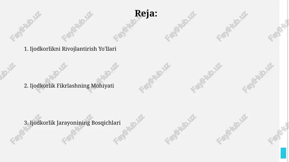 , chunki ularning ijodkorlik jarayoniga salbiy ta’sir etuvchi chegaralovchi e’tiqodlari mavjud. miya faoliyatining 20% ni tashkil etadigan o‘ng yarim sharning rivojlanishi ijodkorlikning yuqori darajasiga olib keladi, bu esa yangi g‘oyalar va yechimlarni yaratishga yordam beradi. ijodkorlik jarayonining bosqichlari ijodkorlik jarayonining dastlabki bosqichi, muammoni aniqlash va tahlil qilish, 5w1h uslubi yordamida 3 ta asosiy sababni aniqlashni o'z ichiga oladi. g'oyalarni generatsiya qilish bosqichi brainstorming, mind mapping kabi 2 ta usulni qo'llash orqali 10 dan ortiq yechimlarni yaratishni nazarda tutadi. miya bo'roni va fikrlarni ishlab chiqish miyaviy bo'ronlar ijodkorlik jarayonida 70% gacha g'oyalarni bloklashga olib kelishi mumkin, shuning uchun fikrlarni boshqarish texnikalarini qo'llash muhim. effektiv brainstorming sessiyalari 5-7 kishilik guruhda 45 daqiqada o'rtacha 25 dan ortiq original g'oyalarni ishlab chiqarishga qodir. ijodkorlikni rivojlantirish usullari ijodkorlikni rivojlantirishda miya bo'ronlari (brainstorming) samarali usul bo'lib, 15-20 daqiqada guruh a'zolari 50 dan ortiq g'oya taklif qilishi mumkin. muammolarni 6 ta shlyapa texnikasi yordamida tahlil qilish, har …