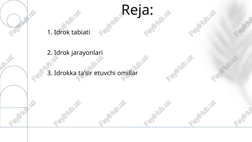st ta'sirida bo'ladi. asosiy xususiyatlar: tanlash, tashkil etish, talqin qilish va subyektiv tajriba. idrok dunyoni tushunish uchun hissiy ma'lumotlarni talqin qilish jarayoni. 6. idrok nima? idrokning xususiyatlariga tanlab qabul qilish, tashkil etish, talqin qilish va doimiylik kiradi. idrok - bu sezgi ma'lumotlarini qabul qilish, tanlash, tashkil qilish va talqin qilish jarayoni. interpreatasiya bu o'tmishdagi tajribalar, e'tiqodlar va kutgan narsalarga asoslanib, hissiy ma'lumotlarga ma'no berish jarayoni. 7. idrok va talqin yopilish: biz to'liq bo'lmagan shakllarni to'ldirib, bo'shliqlarni to'ldirib, butun ob'ektni idrok etishga moyilmiz. yaqinlik: bir-biriga yaqin joylashgan narsalar guruh sifatida qabul qilinadi. o'xshashlik: vizual xususiyatlarni baham ko'radigan ob'ektlar guruh sifatida qabul qilinadi. 8. persepsiya bo'yicha gestalt printsiplari tushunish: idrok pastdan yuqoriga (sezgi ma'lumotlari) va yuqoridan pastga (oldingi bilimlar) qayta ishlashni o'z ichiga oladi. xususiyatlari: tanlab olish, sub'ektiv va faol, e'tibor, tashkil etish va talqinni o'z ichiga oladi. idrok: tajriba, kutilgan narsa va kontekst ta'sirida sezgi ma'lumotlarini talqin qilish jarayoni. 9. idrok …