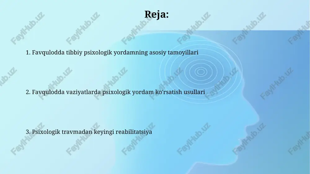 lash travmaning og'irligi va bemorning shaxsiy xususiyatlariga qarab, psixologik yordamning 3 ta asosiy turi qo'llaniladi: qo'llab-quvvatlash, psixoterapiya va dori-darmonlar. qayta ishlash jarayoni o'rtacha 3-6 oy davom etadi, ammo ba'zi hollarda 1 yildan ortiq vaqt talab qilinishi mumkin, bu davrda muntazam monitoring zarur. sog'liqni saqlash xodimlarining psixologik himoyasi psixologik birinchi yordam koʻrsatish boʻyicha 5 ta asosiy qadamni oʻz ichiga olgan maxsus treninglar sogʻliqni saqlash xodimlarining qiyin vaziyatlarga chidamliligini oshiradi. ish joyidagi zoʻravonlik va tahdidlar 10% ga yaqin sogʻliqni saqlash xodimlariga taʼsir koʻrsatib, ularning ruhiy salomatligiga salbiy taʼsir qilishi mumkin, shu sababli profilaktika choralarini qoʻllash muhimdir. xavfsizlik va barqarorlikni ta'minlash bemorning fiziologik holatini (nafas olish, yurak urishi) kuzatish va 5 daqiqada bir marta qayd etish, shuningdek, hayot ko'rsatkichlarini muntazam monitoring qilish muhim. barqarorlikni ta'minlash uchun bemorni qulay, xavfsiz joyga o'tkazish va minimal darajada stressli muhit yaratish, shuningdek, ehtiyojga qarab dori-darmonlar yordamida tinchlantirish kerak. hamkorlik va muvofiqlashtirish muvaffaqiyatli muvofiqlashtirish uchun 7 bosqichli algoritm …