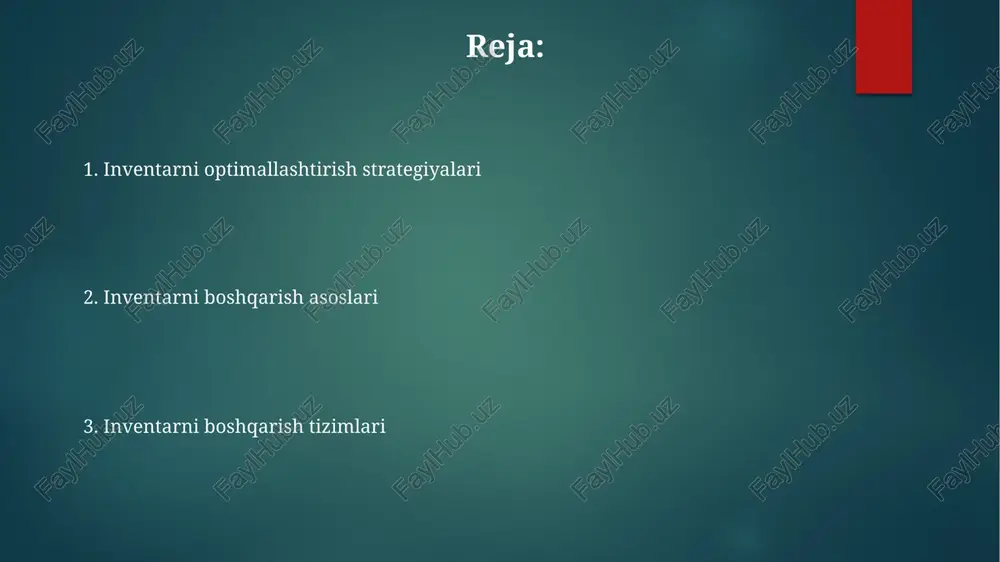 tez sotishini o'lchaydi. inventarni boshqarish nega muhim? mahsulot mavjudligini va mijozlar qoniqishini ta'minlaydi. ishlab chiqarish va savdo jarayonlarini optimallashtiradi. saqlash va tashish xarajatlarini kamaytiradi. xavfsizlik zaxirasi xavfsizlik zaxirasi kutilmagan talab yoki ta'minot uzilishlariga qarshi himoya qilish uchun saqlanadigan buferdir. samarali inventarni boshqarish tovar yetishmovchilik va ortiqcha inventarni kamaytirib, daromadni maksimal darajada oshiradi. inventarni boshqarish xarajat samaradorligini mijozlar talabini qondirish bilan muvozanatlashtirishga qaratilgan. vaqtli inventarizatsiya (jit) inventarni saqlash xarajatlarini kamaytirish va operatsion samaradorlikni oshirishga qaratilgan tizim. ishlab chiqarish uchun zarur bo'lgan materiallarni faqat kerak bo'lganda olib, inventarni saqlash xarajatlarini kamaytiradi. samaradorlikka, chiqindilarni kamaytirishga va ishlab chiqarish oqimini optimallashtirishga qaratilgan. inventarni boshqarishning eng yaxshi amaliyotlari aniq prognoz: ortiqcha to'ldirish yoki tovar etishmasligi oldini olish uchun talabni aniq prognoz qilish. muntazam inventarizatsiya tekshiruvlari: inventarizatsiya darajalari ustidan ko'rinishni va nazoratni saqlash. samarali buyurtma: vaqtida va iqtisodiy jihatdan samarali to'ldirish tizimini amalga oshiring. inventar xarajatlari saqlash xarajatlari: omborda saqlash, sug'urta va inventarni eskirish. buyurtma xarajatlari: …