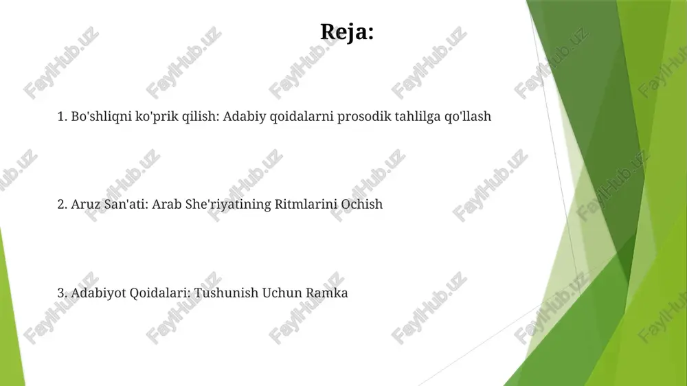 iy asarlarni yozish, uslub va tuzilishga oid tamoyillar. arab adabiyotidagi aruz roli aruzni o'rganish arab she'riyatining tuzilishi va estetik ta'sirini tushunish uchun juda muhimdir. aruz, arab she'riyatida metrlarni aniqlaydigan bir tizim. aruz o'lchov turlari "adabiyot qoidalari" arab prosodyasi tamoyillarini, jumladan, aruz o'lchovlarini, qofiyalarni va boshqa she'riy elementlarni o'rganadi. aruz o'lchamlari uzun va qisqa bo'g'inlarga asoslangan bo'lib, "uzun-qisqa-uzun" yoki "qisqa-qisqa-uzun-uzun" kabi naqshlarni hosil qiladi. zamonaviy arab adabiyotida aruzning ta'siri aruzning zamonaviy arab adabiyoti bo'yicha ta'siri bahsli, ba'zilari uni ijodkorlikni cheklaydi deb ta'kidlasa, boshqalari uni badiiy ifoda uchun qimmatli vosita deb bilishadi. "adabiyot qoidalari" kitobi zamonaviy arab yozuvida aruzning qo'llanilishini va ta'sirini o'rganadi. xulosa va kelajakdagi yo'nalishlar ushbu asarlar atrofidagi tarixiy va madaniy kontekstlarni chuqur tahlil qilish to'liq tushunish uchun zarur. kelajakdagi tadqiqotlar "adabiyot qoidalari" va arab she'riyatining o'zaro ta'sirini o'rganishi, xususan, birinchisining ikkinchisiga qanday ta'sir qilganini aniqlashi kerak. arab prosodyasi (aruz) haqida qisqacha ma'lumot. arab she'riyatida o'lchovlarni tahlil qilish va tasniflash …