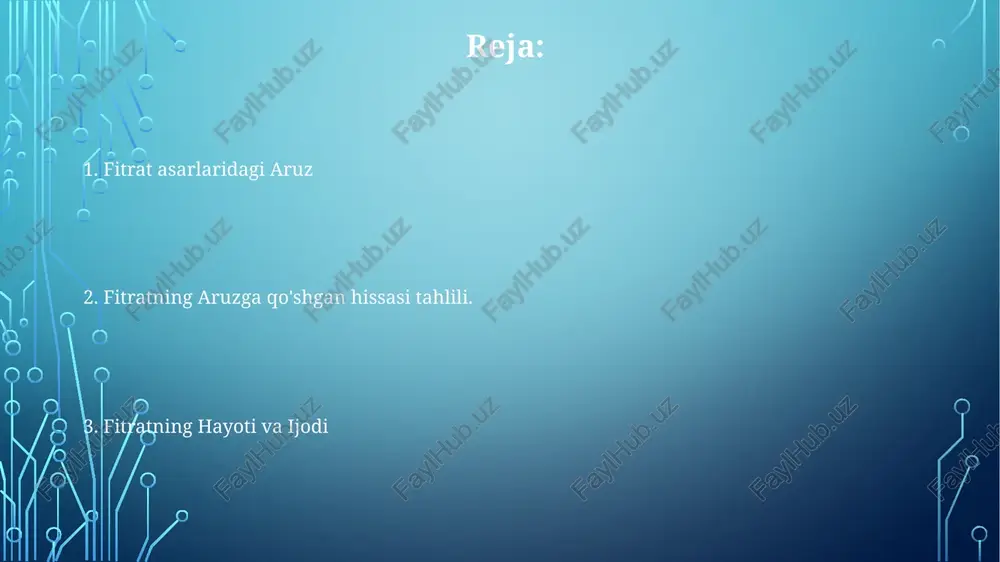 rga tayanishini va mumkin bo'lgan tarafkashliklarini ko'rsatadi. fitratning aruz nazariyasiga qo'shgan hissasi, shu jumladan uning innovatsion tahlili va amaliy qo'llanilishi muhimdir. fitratning "aruz" asarlarini o'rganish klassik arab she'riyatining rivojlanishi va amaliy qo'llanilishi haqida qimmatli ma'lumotlar beradi. fitratning aruzshunoslikka qoʻshgan hissa fitratning, ayniqsa "aruz-e fitrat" asarida aruz metrlariga bag'ishlangan batafsil tahlili klassik arab she'riyatining tushunilishiga katta hissa qo'shdi. uning avvalgi olimlar tomonidan aruz haqidagi asarlarni sinchkovlik bilan o'rganishi, o'z kuzatuvlari va tushunchalari bilan birlashganda, aruzshunoslik sohasini takomillashtirishga va rivojlantirishga yordam berdi. u arab she'riyatining murakkabliklari haqida qimmatli tushunchalar bergan aruz o'lchovlarini tasniflash va tahlil qilishning yangi usullarini kiritdi. zamonaviy fitrat asarlariga qarashlar fitratning aruz bo'yicha ishi arab she'riyatining o'lchov tizimini tushunishda inqilobiy hissa bo'lib hisoblanadi. zamonaviy olimlar fitratning asarlarini 19-asr islom uyg'onishi va uning arab adabiyoti nazariyasiga ta'siri kontekstida tahlil qiladilar. hozirgi zamon olimlari fitratning aruzga bo'lgan yondashuvida metodologik kuchli va zaif tomonlarni, xususan tarixiy va matn tahliliga asoslanishini o'rganishmoqda. arab …