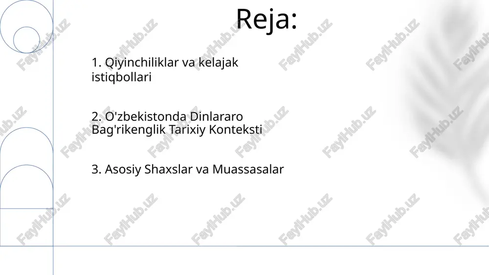 hiliklar: diniy erkinlikni milliy xavfsizlik muammolari bilan muvozanatlashtirish, turli din jamoalari o'rtasidagi tarixiy keskinliklarni bartaraf etish va jamiyat bosimlari fonida dinlararo muloqotni rivojlantirish. test tuzilishi: asosiy tarixiy shaxslar va voqealar haqida savollarni o'z ichiga oling, diniy amallar va an'analarni ko'rib chiqing va hukumat siyosatining dinlararo munosabatlarni shakllantirishdagi rolini tahlil qiling. 5. qiyinchiliklar va imkoniyatlar o'zbekistonning sovetdan keyingi davrida dunyoviy davlatdan diniy jihatdan bag'rikeng jamiyatga o'tish kuzatildi. o'zbekiston hukumati dinlararo muloqot va hamkorlikni faol ravishda targ'ib qildi, diniy erkinlik va o'zaro hurmatga urg'u berdi. o'zbekistonning tarixiy tajribasi sovetdan keyingi kontekstlarda dinlararo bag'rikenglikni targ'ib qilish salohiyatini ko'rsatuvchi qimmatli misoldir. 6. sovetdan keyingi davr sovet davri oldidan oʻzbekistonda turli diniy jamoalar tinch-totuv birga yashab kelgan uzoq tarixga ega edi. hudud turli din guruhlari birga yashab, hamkorlik qilgan murakkab diniy o'zaro ta'sirlar to'qimasini guvoh bo'ldi. misol uchun, islom olimlari nasroniylar bilan suhbatlashish va umumiy diniy joylarni qurish. 7. sovetgachagi dinlararo munosabatlar e'tiboringiz uchun rahmat …