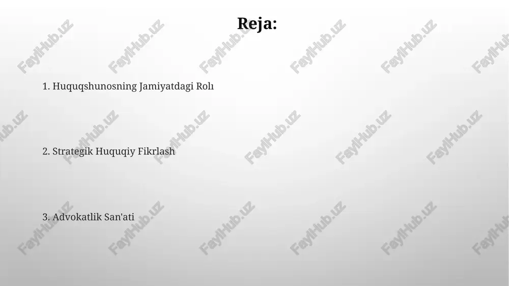 zifalarni o'zgartirmoqda va advokatlardan yangi ko'nikmalarni talab qilmoqda. sud jarayoni va sud mahorati huquqshunoslik muzokara, loyiha tuzish va himoya qilish kabi kengroq huquqiy ko'nikmalarni o'z ichiga oladi. sud xodimlari mahorati sud jarayonlarida qo'llaniladigan maxsus usullardir, masalan, guvohlarni so'roq qilish va dalillarni taqdim etish. munosabatlarni qurish samarali muloqot, faol tinglash va hamdardlik muhim. hamkorlik, ishonch va o'zaro hurmat muvaffaqiyatli huquqshunoslikning kalitidir. axloqiy muammolar maxfiylik va sudga burch: mijoz sirlarini sud adolatini himoya qilish bilan muvozanatlash. himoya va professionalizm: ishonchli vakillik bilan axloqiy xulq-atvor o'rtasida muvozanatni topish. huquqshunoslikni ta'riflash huquqshunoslik kasbiy mahorat va axloqiy majburiyatlarni o'z ichiga oladi. tadqiqot, muzokara, huquqiy hujjatlarni tayyorlash va sud jarayonlarini o'z ichiga oladi. professional etikasi mijozlarning maxfiyligini ta'minlash, malakali huquqiy maslahatlar berish va barcha muomalalarda halol va adolatli bo'lish. huquqiy soha va adolat tizimining to'g'riligini etik qoidalarga rioya qilish orqali saqlash. biznes farosati huquqiy bilim va tajribani biznes muammolarini hal qilish va tashkilot maqsadlariga erishish uchun …