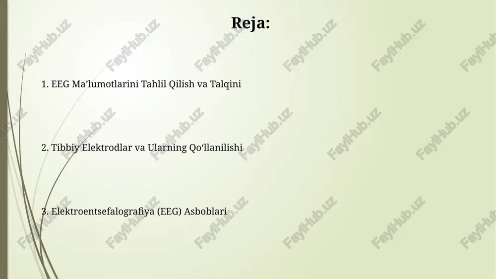 zimiga muvofiq joylashtirish, miyaning turli sohalaridan signallarni aniqroq qayd etish imkonini beradi, bu esa diagnostika aniqligini oshiradi. yuqori impedansli elektrodlar signalni buzishi mumkinligi sababli, ularni joylashtirishdan oldin terini tozalash va elektrod jelini to'g'ri qo'llash muhim hisoblanadi. impedans 5 kom dan yuqori bo'lmasligi kerak. eegning boshqa diagnostika usullari bilan integratsiyasi eeg bilan transkranial magnit stimulyatsiyasi (tms) birgalikda qo'llanilganda, miya funksiyasini o'rganish va neyroplastisitet jarayonlarini baholashda yangi imkoniyatlar ochilib, masalan, insultdan keyingi reabilitatsiya samaradorligini kuzatishda 15% aniqroq natijalarga erishiladi. eeg va pozitron emissiya tomografiyasi (pet) kombinirovka qilinganda, miya metabolizmi va elektr faoliyati o'rtasidagi murakkab munosabatlarni o'rganish imkoniyati yaratilib, altsgeymer kasalligi kabi neyrodegenerativ kasalliklarning erta tashxisini qo'yishga yordam beradi. eeg elektrodlarining turlari eeg elektrodlarining asosiy turlari orasida 10-20 tizimiga asoslangan standart metall elektrodlar, yuqori impedansli kumush/xlor kumush elektrodlar va bio-mos keladigan gelli elektrodlar mavjud. eegda yuzaki elektrodlar, masalan, skalpdagi elektrodlar keng tarqalgan bo'lsa-da, ichki elektrodlar (ichki miya elektrodlari kabi) o'ta chuqur neyroaktivlikni kuzatishda …