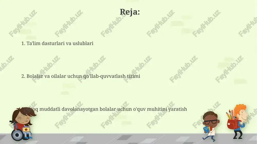 va psixologik ehtiyojlarini qondirish ijtimoiy-emotsional rivojlanishni qo'llab-quvvatlash uchun tengdoshlari bilan o'zaro ta'sir qilish imkoniyatlarini yaratish, kamida 2 soat davomida guruhlarda o'yinlar tashkil qilish tavsiya etiladi. bolalarni davolanish jarayonida 30% gacha kamayishi mumkin bo'lgan stress darajasini pasaytirish uchun o'yin terapiyasi va san'at terapiyasi kabi usullardan foydalanish muhimdir. o'quv jarayoniga ota-onalarni jalb qilish o'quv jarayoniga interaktiv o'yinlarni qo'shish orqali, ota-onalar bilan birgalikda 3-5 yoshli bolalar uchun 70% amaliy mashg'ulotlarni amalga oshirish mumkin. ota-onalarning bolalar bilan kamida 15 daqiqa davomida kuniga 2 marta o'quv faoliyatida ishtirok etishlarini ta'minlash, ularning bilim darajasini va motivatsiyasini oshirishga yordam beradi. interaktiv va qiziqarli o'quv uslublari interfaol elektron taxtalar va dasturlar yordamida bolalar 7-12 yosh oraligʻida matematika, til va fanlar boʻyicha 10 ta interaktiv mashqlarni bajarishi mumkin. rollarni oʻynash va hikoya yozish orqali ijodkorlikni rivojlantirish, 6-9 yoshdagi bolalar uchun 5 ta guruhdagi hamkorlikni kuchaytirish va ijtimoiy koʻnikmalarni oʻrgatish mumkin. xavfsizlik va qulay muhit yaratish kasalxonaning shovqin darajasini pasaytirish …