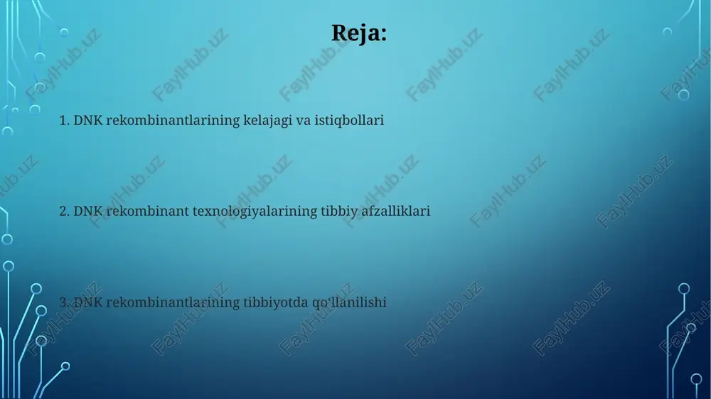 lin kabi 100 dan ortiq terapevtik oqsillarni ishlab chiqarish hajmi sezilarli darajada oshirildi, bu esa millionlab bemorlarga yordam berdi. qon quyish preparatlarini ishlab chiqarishda dnk rekombinantlaridan foydalanish insulinga bo'lgan talabning 90% dan ortig'ini qoplash uchun dnk rekombinant texnologiyasi yordamida ishlab chiqarilgan insulin preparatlari qo'llaniladi, bu esa diabet kasalligini davolashda muhim rol o'ynaydi. rekombinant dnk texnologiyasi yordamida ishlab chiqarilgan gemofiliya a kasalligini davolashda qo'llaniladigan viii faktorining tozaligini va samaradorligini 99,9% ga yetkazish mumkin. vaktsinalar ishlab chiqarishda dnk rekombinantlaridan foydalanish rekombinant vaktsinalar ishlab chiqarishda, masalan, gen muhandisligi orqali patogenning faqat himoya ta'sirini keltirib chiqaradigan oqsillarini ifoda etadigan bakteriya yoki xamirturush hujayralaridan foydalaniladi. dnk rekombinant texnologiyalari yordamida 100 dan ortiq turdagi virusli va bakteriyal vaktsinalari, jumladan, gepatit b va inson papilloma virusiga qarshi vaktsinalar ishlab chiqarilmoqda. antibiotiklar ishlab chiqarishda dnk rekombinantlaridan foydalanish dnk rekombinant texnologiyalari yordamida antibiotiklarning samaradorligini 20-30% ga oshirish va yangi avlod antibiotiklarini yaratish mumkin. dnk rekombinatsiyasi yordamida antibiotiklarning mikroorganizmlarga chidamliligini …