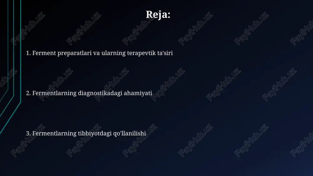 ni oshirishda yordam beradi, bu esa yurak-qon tomir kasalliklari xavfini kamaytiradi. proteazalar o'z ichiga olgan dorilar yallig'lanishga qarshi ta'sir ko'rsatadi, bu esa revmatoid artrit kabi yallig'lanish kasalliklarini davolashda muhim ahamiyatga ega. taxminan 20 dan ortiq bunday preparat mavjud. fermentlarni o'z ichiga olgan ba'zi dorilar qon ivishini tezlashtirish yoki sekinlashtirish uchun ishlatiladi, masalan, streptokinaza yoki urokinaza kabi fermentlar yurak-qon tomir kasalliklarini davolashda qo'llaniladi. antitumor fermentlar antitumor fermentlarning samaradorligi, ularning o'sma hujayralariga nisbatan selektivligi va 10-20% gacha bo'lgan terapevtik indekslari bilan chegaralanishi mumkin. asparaginaz kabi ba'zi fermentlar leykemiya davolashda qo'llaniladi va o'sma hujayralarining o'sishini bostirish uchun asparagin aminokislotasini parchalaydi. ba'zi antitumor fermentlar o'smaning o'sishini to'xtatish uchun hujayra siklining s fazasini (dnk replikatsiyasi) 50% ga yaqin sekinlashtirishi mumkin. fermentlarning terapevtik qo'llanilishi proteaz fermentlari yallig'lanish kasalliklarida yallig'lanish vositachilarining faolligini 60-70% ga kamaytirish orqali og'riqni va shishni bartaraf etishda qo'llaniladi. ba'zi fermentlar, masalan, lipazlar, 10-20 mg/kg dozalarida giperlipidemiya davolashda qonda lipidlar miqdorini pasaytirishga yordam beradi, …
