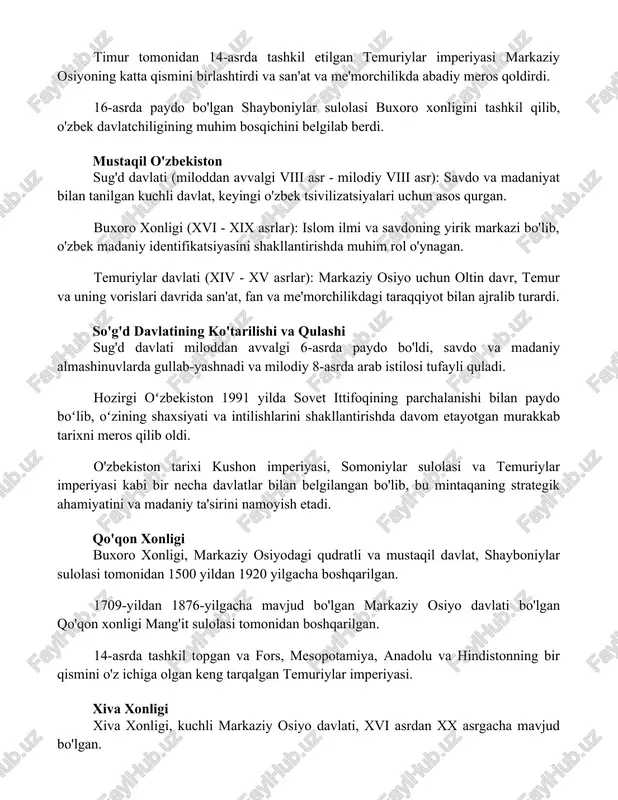 buxoro xonligini tashkil qilib, o'zbek davlatchiligining muhim bosqichini belgilab berdi. mustaqil o'zbekiston sug'd davlati (miloddan avvalgi viii asr - milodiy viii asr): savdo va madaniyat bilan tanilgan kuchli davlat, keyingi o'zbek tsivilizatsiyalari uchun asos qurgan. buxoro xonligi (xvi - xix asrlar): islom ilmi va savdoning yirik markazi bo'lib, o'zbek madaniy identifikatsiyasini shakllantirishda muhim rol o'ynagan. temuriylar davlati (xiv - xv asrlar): markaziy osiyo uchun oltin davr, temur va uning vorislari davrida san'at, fan va me'morchilikdagi taraqqiyot bilan ajralib turardi. so'g'd davlatining ko'tarilishi va qulashi sug'd davlati miloddan avvalgi 6-asrda paydo bo'ldi, savdo va madaniy almashinuvlarda gullab-yashnadi va milodiy 8-asrda arab istilosi tufayli quladi. hozirgi oʻzbekiston 1991 yilda sovet ittifoqining parchalanishi bilan paydo boʻlib, oʻzining shaxsiyati va intilishlarini shakllantirishda davom etayotgan murakkab tarixni meros qilib oldi. o'zbekiston tarixi kushon imperiyasi, somoniylar sulolasi va temuriylar imperiyasi kabi bir necha davlatlar bilan belgilangan bo'lib, bu mintaqaning strategik ahamiyatini va madaniy ta'sirini namoyish etadi. …