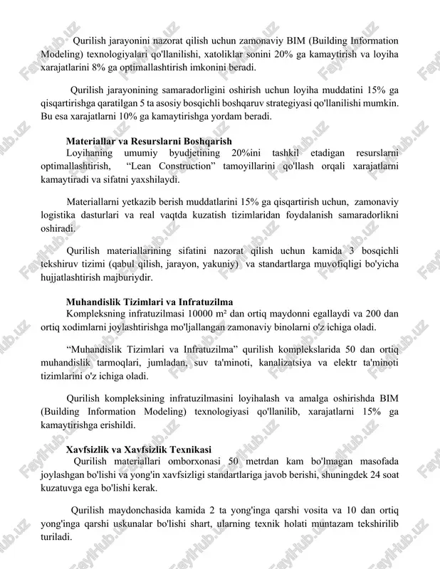 i beradi. qurilish jarayonining samaradorligini oshirish uchun loyiha muddatini 15% ga qisqartirishga qaratilgan 5 ta asosiy bosqichli boshqaruv strategiyasi qo'llanilishi mumkin. bu esa xarajatlarni 10% ga kamaytirishga yordam beradi. materiallar va resurslarni boshqarish loyihaning umumiy byudjetining 20%ini tashkil etadigan resurslarni optimallashtirish, “lean construction” tamoyillarini qo'llash orqali xarajatlarni kamaytiradi va sifatni yaxshilaydi. materiallarni yetkazib berish muddatlarini 15% ga qisqartirish uchun, zamonaviy logistika dasturlari va real vaqtda kuzatish tizimlaridan foydalanish samaradorlikni oshiradi. qurilish materiallarining sifatini nazorat qilish uchun kamida 3 bosqichli tekshiruv tizimi (qabul qilish, jarayon, yakuniy) va standartlarga muvofiqligi bo'yicha hujjatlashtirish majburiydir. muhandislik tizimlari va infratuzilma kompleksning infratuzilmasi 10000 m² dan ortiq maydonni egallaydi va 200 dan ortiq xodimlarni joylashtirishga mo'ljallangan zamonaviy binolarni o'z ichiga oladi. “muhandislik tizimlari va infratuzilma” qurilish komplekslarida 50 dan ortiq muhandislik tarmoqlari, jumladan, suv ta'minoti, kanalizatsiya va elektr ta'minoti tizimlarini o'z ichiga oladi. qurilish kompleksining infratuzilmasini loyihalash va amalga oshirishda bim (building information modeling) texnologiyasi qo'llanilib, …