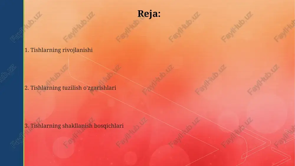 13 yoshgacha davom etadi, ba'zi hollarda esa 18-25 yoshgacha cho'zilishi mumkin. bu davrda sut tishlari doimiy tishlar bilan almashtiriladi. tishlarning anatomik tuzilishi tishlar uchta asosiy qismdan: emal (96% gidroksiapatit), dentin (70% gidroksiapatit) va tsemendan iborat bo'lib, ularning mustahkamligi va tuzilishi farq qiladi. inson tishlarining umumiy soni 32 ta bo'lib, ularning 16 tasi yuqori jag'da, 16 tasi esa pastki jag'da joylashgan. har bir jag'da 8 ta tish mavjud. tishlarning ildizi periodental ligament orqali alveolalar sohasiga mahkam birikkan bo'lib, bu esa tishning kuchli va barqaror holatini ta'minlaydi. dentinning rivojlanishi dentinning rivojlanishida odontoblastlar tomonidan kuniga taxminan 4 mkm dan ortiq dentin hosil qilinadi, bu esa tishlarning mustahkamligini ta'minlaydi va yoshga bog'liq o'zgarishlarni aks ettiradi. dentinning ikkilamchi dentin hosil bo'lishi, asosan 20-30 yosh oralig'ida boshlanib, umr bo'yi davom etadi va pulpa bo'shlig'ini qisqartirishga olib keladi. dentinogenesis imperfecta kabi genetik kasalliklar dentinning strukturasini buzishi va uning mineralizatsiyasi jarayonini 30% gacha pasaytirishi mumkin, bu esa tishlarning …