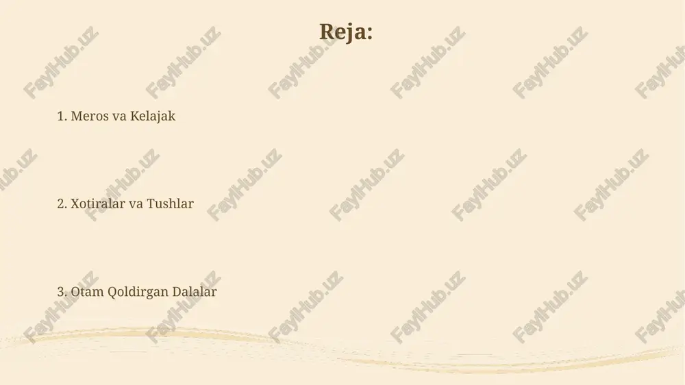 gi texnologiyalari va ularning samaradorligi, oʻrtacha hosildorlik koʻrsatkichlari kabi iqtisodiy jihatlar ham muhim oʻrin egallaydi. “umid va orzular” romanida 30 dan ortiq qahramon tasvirlangan boʻlib, ularning har biri oʻziga xos xarakterga va murakkab munosabatlarga ega. qiyinchiliklar va yutuqlar qishloq xo'jaligidagi 7 yillik tajribam davomida 3 marta yirik tabiiy ofatlar (qurg'oqchilik, sel) yuz berdi, ammo zararning o'rnini qoplash uchun davlat tomonidan taqdim etilgan 1000000 so'm miqdoridagi subsidiyalardan foydalanildi. yer haydash uchun 2 ta eski traktor o'rniga, kredit orqali zamonaviy 1 ta katta quvvatli traktor sotib olindi, bu esa mehnat unumdorligini 40% ga oshirdi va yonilg'i sarfini 20% ga kamaytirdi. yerning sirli dunyosi kitobda yerning unumdorligini oshirishga qaratilgan 20 dan ziyod amaliy maslahatlar, jumladan, tuproqni boyitish va sugʻorish texnologiyalari bayon etilgan. ushbu asarda 5 ga yaqin qishloq xoʻjaligi ekinlarining zararkunandalari va ularga qarshi kurash usullari haqida ma'lumotlar berilgan boʻlib, ekologik toza usullarga alohida e'tibor qaratiladi. meros va mas'uliyat meros qoldirgan shaxsning qarzdorliklari …