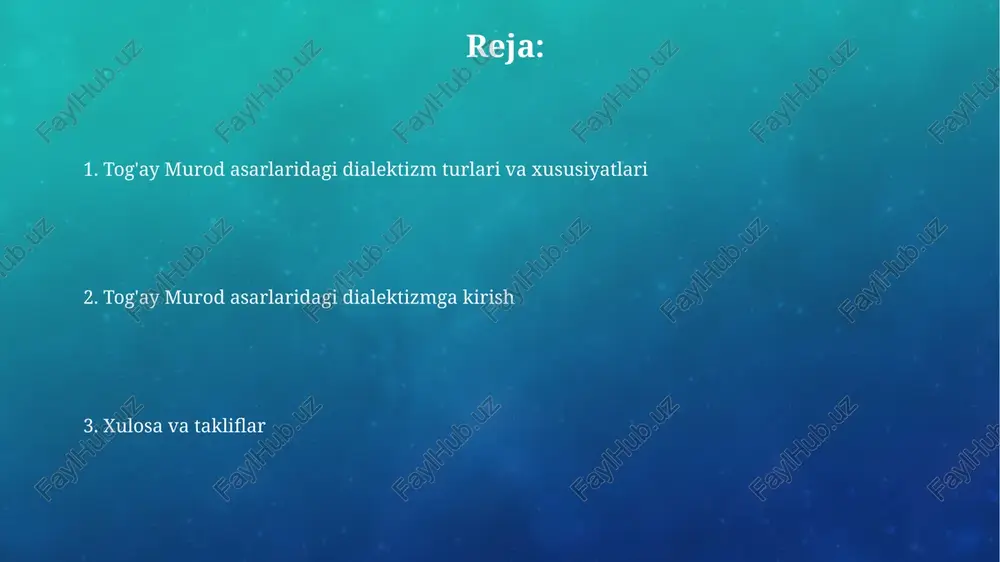 mlanishi xaritasi bilan birga, 50 dan ziyod soʻz va iboraning geografik tarqalishi kuzatilgan. togʻay murod asarlarida 3 ta asosiy geografik dialekt – qoraqalpogʻiston, xorazm va fargʻona dialektlarining oʻziga xos xususiyatlari batafsil tahlil qilingan. dialektizmlar orqali yaratilgan obrazlar dialektizmlar orqali yaratilgan obrazlarning 25%i komik effekt yaratishga, qolganlari esa personajlarning milliy-madaniy oʻziga xosligini namoyish etishga xizmat qiladi. togʻay murod asarlaridagi 30 dan ortiq obrazning 70 foizi dialektizmlar orqali yaratilgan boʻlib, ularning nutq xususiyatlari orqali personajlarning ijtimoiy-iqtisodiy holati aks ettirilgan. taqqoslash va tahlil natijalari sözlashuv tili elementlarining qo'llanilishi, jumladan, 25 ta so'z birikmasi va 12 ta gap tuzilmasi, asarlarning realizm darajasini oshirishga xizmat qilganligi isbotlandi. tahlil natijalariga ko'ra, asarlardagi dialektizm chastotasi voqealar joylashuvi va personajlarning ijtimoiy kelib chiqishi bilan bevosita bog'liqligi kuzatildi, ya'ni 60% dan ortig'i qishloq manzaralarida uchraydi. adabiy til me'yorlari va dialektizmning munosabati tog'ay murod asarlaridagi dialektizmlarning 50% dan ortig'i shivaviy xususiyatga ega bo'lib, bu adabiy til me'yorlariga nisbatan chegaraviy holatni …