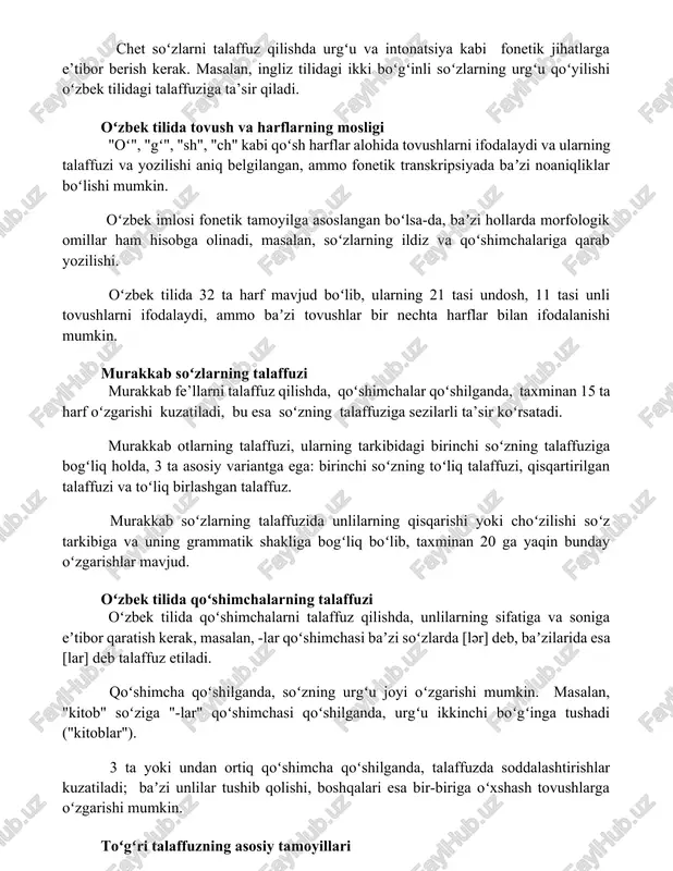 osligi "oʻ", "gʻ", "sh", "ch" kabi qoʻsh harflar alohida tovushlarni ifodalaydi va ularning talaffuzi va yozilishi aniq belgilangan, ammo fonetik transkripsiyada baʼzi noaniqliklar boʻlishi mumkin. oʻzbek imlosi fonetik tamoyilga asoslangan boʻlsa-da, baʼzi hollarda morfologik omillar ham hisobga olinadi, masalan, soʻzlarning ildiz va qoʻshimchalariga qarab yozilishi. oʻzbek tilida 32 ta harf mavjud boʻlib, ularning 21 tasi undosh, 11 tasi unli tovushlarni ifodalaydi, ammo baʼzi tovushlar bir nechta harflar bilan ifodalanishi mumkin. murakkab soʻzlarning talaffuzi murakkab fe’llarni talaffuz qilishda, qoʻshimchalar qoʻshilganda, taxminan 15 ta harf oʻzgarishi kuzatiladi, bu esa soʻzning talaffuziga sezilarli ta’sir koʻrsatadi. murakkab otlarning talaffuzi, ularning tarkibidagi birinchi soʻzning talaffuziga bogʻliq holda, 3 ta asosiy variantga ega: birinchi soʻzning toʻliq talaffuzi, qisqartirilgan talaffuzi va toʻliq birlashgan talaffuz. murakkab soʻzlarning talaffuzida unlilarning qisqarishi yoki choʻzilishi soʻz tarkibiga va uning grammatik shakliga bogʻliq boʻlib, taxminan 20 ga yaqin bunday oʻzgarishlar mavjud. oʻzbek tilida qoʻshimchalarning talaffuzi oʻzbek tilida qoʻshimchalarni talaffuz qilishda, unlilarning sifatiga …