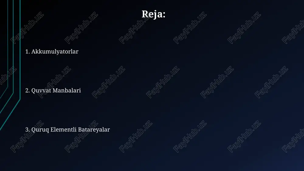 krometr oralig'ida bo'lib, bu batareyaning ichki qarshiligiga va zaryadlanish tezligiga ta'sir qiladi. alkalin batareyalar ishlab chiqarishda, elektrolit sifatida ishlatiladigan kaliy gidroksidning konsentratsiyasi batareyaning sig'imiga va ishlash muddatiga ta'sir qiladi, odatda 30-40% oralig'ida bo'ladi. quruq element batareyalar ishlab chiqarishda, katod va anod materiallarini aralashtirish jarayoni yuqori aniqlikdagi 99,9% sof metallardan foydalanishni talab qiladi va bu jarayonning samaradorligi 95% dan yuqori bo'lishi kerak. quvvat manbalari turlari yadroviy reaktorlar gigavatlarda o'lchanadigan ulkan miqdordagi elektr energiyasini ishlab chiqaradi, ammo radioaktiv chiqindilarni xavfsiz saqlash muammosi mavjud. vodorod yonilg'i elementlari 70% dan yuqori samaradorlik ko'rsatkichiga ega bo'lib, suv va elektr energiyasini hosil qiladi, lekin ularning ishlab chiqarish va saqlash narxi yuqori. quyosh batareyalari quyosh energiyasini to'g'ridan-to'g'ri elektr energiyasiga aylantirib, 15-20 yilgacha xizmat qilishi mumkin va 1 kvt quvvatli tizim o'rtacha 1000-1500 aqsh dollari turadi. akkumulyatorlar va batareyalarni solishtirish akkumulyatorlar qayta zaryadlanishi mumkin bo'lgan energiya manbalari bo'lib, ularning samaradorligi 70-90% ni tashkil etadi, batareyalar esa bir martalik …