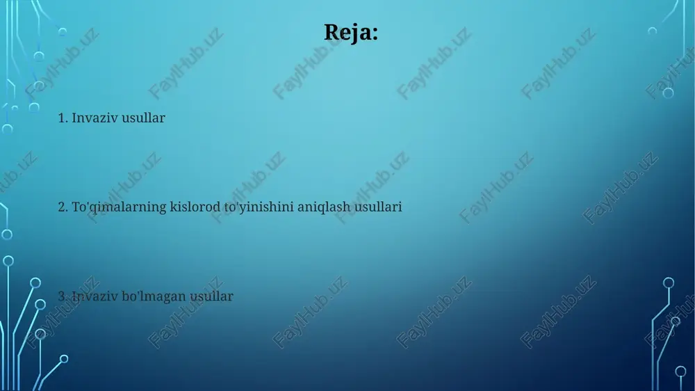 lash giper-spektral tasvirlash, to'qimalarning kislorod to'yinganligini aniqlashda 100 dan ortiq tor spektral diapazonlarni o'lchab, turli xil xromatoforlarning yutilish xususiyatlarini tahlil qilish orqali ishlaydi. ushbu texnika yordamida 90% dan yuqori aniqlikda to'qimadagi gemoglobinning turli shakllarini, shu jumladan oksigenlangan va oksigenlanmagan gemoglobinni farqlash mumkin. to'qimalarning kislorod to'yinganligini aniqlash usullari magnit-rezonans tomografiya (mrt) yordamida to'qimalarning kislorod to'yinganligini t2 relaksatsiya vaqti parametrlari orqali taxminan 5% xatolik bilan baholash mumkin, bu esa turli kasalliklar diagnostikasi uchun muhim ahamiyatga ega. to'qimalarning kislorod to'yinganligini aniqlashda nirs (yaqin infraqizil spektroskopiyasi) texnologiyasi 700-900 nm diapazonidagi nurlanishdan foydalanib, qonning oksigematsiya darajasini 85% gacha aniqlik bilan o'lchaydi. puls-oksimetriya pulsoksimetriyada qondagi oksigenatsiya darajasini 90% dan 100% gacha aniqlash imkoniyatini beradigan fotoplenzumetrik usul qo'llaniladi, bunda qondagi oksigemoglobin va dezoksigemoglobinning nisbati o'lchanadi. pulsoksimetriya apparati ikkita fotodiodni ishlatadi: qizil va infraqizil nurlarni o'lchash uchun, bu nurlarning to'qima orqali o'tishiga asoslangan absorbtsiya spektrlarini tahlil qilib, oksigenatsiya darajasini hisoblaydi. lyuminestsentsiya to'qimadagi kislorod to'yinganligini lyuminestsentsiya yordamida o'lchashda, 5-10 …