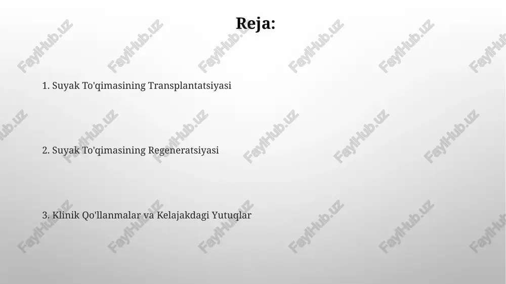 k tadqiqotlar va natijalar klinik sinovlarda, suyak to'qimasini regeneratsiyasi uchun qo'llanilgan yangi biomaterial 85% hollarda muvaffaqiyatli natijalar berdi va 6 oy ichida to'liq suyak birikishini ta'minladi. transplantatsiya qilingan suyak parchalarining o'rtacha integratsiya vaqti 12 hafta bo'lib, bemorlarning 90% da og'riq sezilarli darajada kamaydi va funktsional tiklanish kuzatildi. suyak to'qimalarining muhandisligi va regenerativ tibbiyot suyak transplantatsiyasi jarayonida immun reaksiyalarni kamaytirish maqsadida, donor to'qimalarini genetik modifikatsiya qilish orqali, reaktsiyalar ehtimolini 15% ga kamaytirish mumkin. suyak to'qimalarining muhandisligi sohasida 3d bioprinterlardan foydalanish, individualizatsiyalashgan implantlarni yaratishga imkon beradi va bu jarrohlik amaliyotlarining muvaffaqiyat darajasini 90% gacha oshirishi mumkin. donor suyak to'qimalarini tanlash va tayyorlash krioprezervatsiya jarayoni suyak to'qimasini -196°c da saqlashni o'z ichiga oladi, bu esa 5 yilgacha saqlash muddatini ta'minlaydi, lekin muzlatishdan keyingi omon qolish darajasi 70-85% ni tashkil etadi. suyak to'qimasini tayyorlash jarayoni, sterilizatsiya va antiseptik davolashni o'z ichiga oladi, bu esa 3 soatdan 5 soatgacha vaqt talab etadi. bunda bakteriyalar soni …