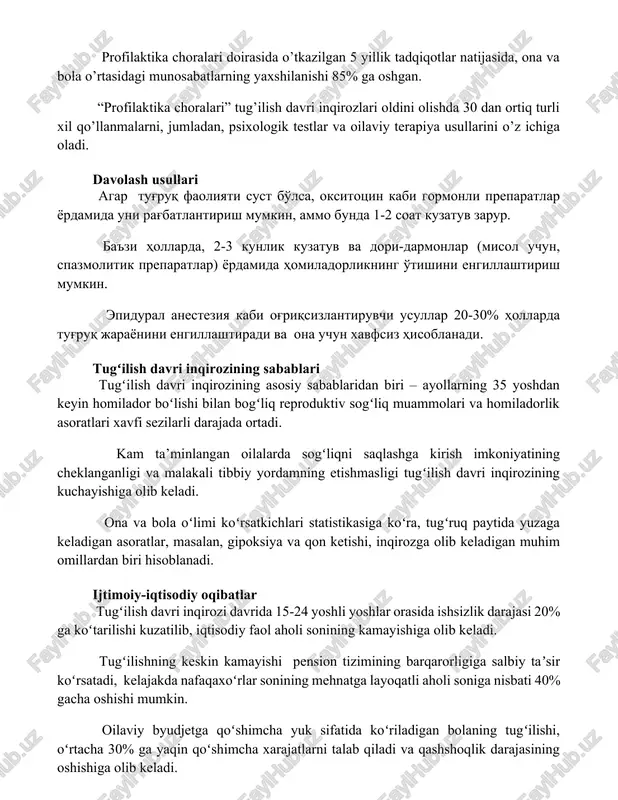 jumladan, psixologik testlar va oilaviy terapiya usullarini o’z ichiga oladi. davolash usullari agar tug'ruq faoliyati sust bo'lsa, oksitotsin kabi gormonli preparatlar yordamida uni rag'batlantirish mumkin, ammo bunda 1-2 soat kuzatuv zarur. ba'zi hollarda, 2-3 kunlik kuzatuv va dori-darmonlar (misol uchun, spazmolitik preparatlar) yordamida homiladorlikning o'tishini engillashtirish mumkin. epidural anesteziya kabi og'riqsizlantiruvchi usullar 20-30% hollarda tug'ruq jarayonini engillashtiradi va ona uchun xavfsiz hisoblanadi. tugʻilish davri inqirozining sabablari tugʻilish davri inqirozining asosiy sabablaridan biri – ayollarning 35 yoshdan keyin homilador boʻlishi bilan bogʻliq reproduktiv sogʻliq muammolari va homiladorlik asoratlari xavfi sezilarli darajada ortadi. kam ta’minlangan oilalarda sogʻliqni saqlashga kirish imkoniyatining cheklanganligi va malakali tibbiy yordamning etishmasligi tugʻilish davri inqirozining kuchayishiga olib keladi. ona va bola oʻlimi koʻrsatkichlari statistikasiga koʻra, tugʻruq paytida yuzaga keladigan asoratlar, masalan, gipoksiya va qon ketishi, inqirozga olib keladigan muhim omillardan biri hisoblanadi. ijtimoiy-iqtisodiy oqibatlar tugʻilish davri inqirozi davrida 15-24 yoshli yoshlar orasida ishsizlik darajasi 20% ga koʻtarilishi kuzatilib, …