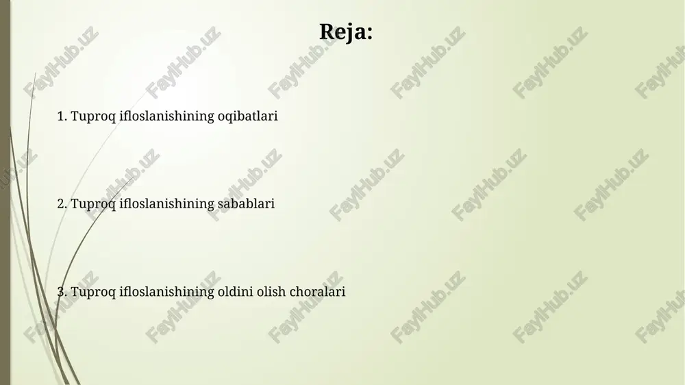 oqning unumdorligini 50% gacha pasaytirishi mumkin. tuproq ifloslanishiga qarshi kurash usullari kimyoviy usullar, masalan, tuproqni yuvish, 90% gacha boʻlgan ifloslanishni bartaraf etishga yordam beradi, lekin bu usul qimmat va atrof-muhitga salbiy ta’sir koʻrsatishi mumkin. tuproqni ifloslantiruvchi moddalarni (masalan, ogʻir metallarni) bioremediatsiya yordamida 10-15% gacha kamaytirish mumkin, bu yerda maxsus tanlangan mikroorganizmlar ifloslanishni zararsizlantiradi. tuproqni himoya qilish choralari tuproqning ifloslanishiga qarshi kurashda organik o'g'itlarni qo'llash 30% gacha hosildorlikni oshirishi va tuproq unumdorligini yaxshilashga yordam beradi, shuningdek, kimyoviy moddalardan foydalanishni kamaytiradi. to'g'ri sug'orish texnologiyalarini qo'llash orqali suvning 20% gacha tejash mumkin, bu esa tuproqning sho'rlanishi va ifloslanishini oldini oladi va tuproq unumdorligini saqlaydi. tuproqning ifloslanishi turlari o'g'itlarning ortiqcha qo'llanilishi tuproqning kislotaligini 5,5 dan pastga tushirib, tuproq mikroorganizmlarining faolligini 30% ga kamaytirishi mumkin. radioaktiv ifloslanish natijasida tuproqning 1 gektar maydonida 1000 kyuri dan ortiq radioaktiv moddalar to'planishi mumkin, bu esa o'simliklarning o'sishini sezilarli darajada susaytiradi. e'tiboringiz uchun rahmat @taqdimot_robot image1.jpg image2.jpg image3.jpg image4.jpg …