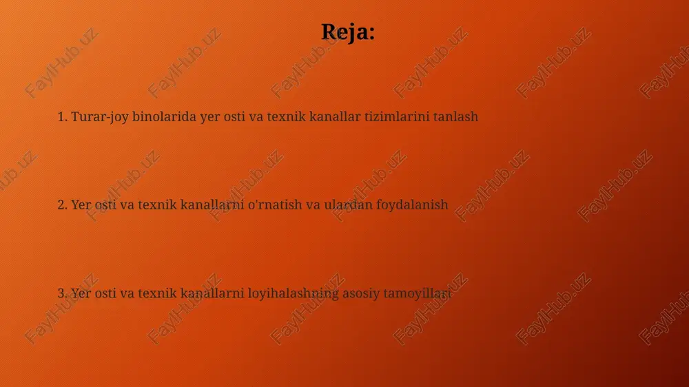 turda bo'lishi mumkin: yarim tayanchli, to'liq tayanchli va suv o'tkazmaydigan, har birining qurilish va foydalanish xususiyatlari turlicha. er osti qavatining loyihalanishidagi muhim parametrlardan biri – tovush izolyatsiyasi ko'rsatkichi, u kamida 50 db bo'lishi kerak. xavfsizlik va yong`in xavfsizligi choralarini ko`rish barcha texnik xonalarda avtomatik yong'in o'chirish tizimi, detektorlar va yong'inga qarshi maxsus himoya vositalari (masalan, co2 o'chirgichlar) o'rnatilishi kerak. elektr simlari va jihozlarining ishlashi 30 minut davomida yong'inga chidamli bo'lishi uchun maxsus izolyatsiya va himoya vositalaridan foydalanish lozim. yer osti qavatining gidroizolyatsiyasi va issiqlik izolyatsiyasi er osti qavatining gidroizolyatsiyasida kamida 2 ta, optimal holda 3 ta gidroizolyatsiya qatlami qo'llanilishi namlikning kirib kelishini samarali ravishda oldini oladi. er osti qavatining tashqi perimetri bo'ylab drenaj tizimini o'rnatish er osti suvlarining bosimini kamaytiradi va gidroizolyatsiyaning xizmat muddatini uzaytiradi. quvurlar va kanalizatsiya tizimlari er osti suvlarining yuqori darajada bo'lishini hisobga olgan holda, kanalizatsiya quvurlarining diametri kamida 100-150 mm bo'lishi va ularning mayli 2% dan …