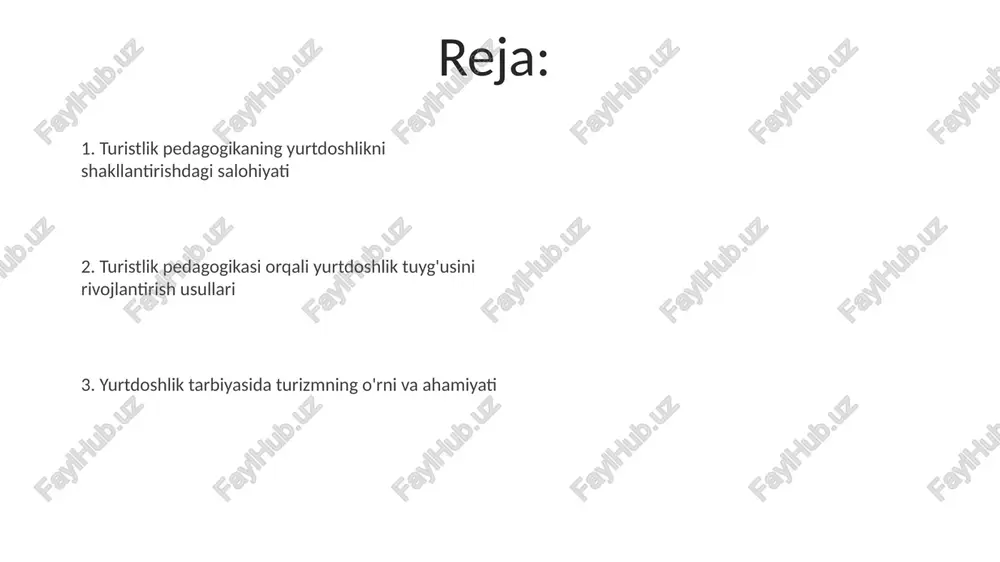 lliy madaniy merosni saqlash va targ'ib qilishda muhim rol o'ynaydi. turizm sohasidagi xalqaro hamkorlik, 20 dan ortiq davlatlar o'rtasidagi turizm shartnomalari va kelishuvlar orqali, yillik 50 million dollardan ortiq iqtisodiy foyda keltiradi. turizm pedagogikasining samaradorligini oshirish yo'llari o'quv jarayoniga kamida 3 ta turli xil turistik ob'ektlarga ekskursiyalarni kiritish orqali, patriotlik tuyg'ularini 15% kuchaytirish mumkin. talabalarning milliy madaniyatga bo'lgan qiziqishini 20% ga oshirish uchun, mahalliy hunarmandchilik va an'analarni namoyish etadigan amaliy loyihalarni joriy etish kerak. milliy qadriyatlarni targ'ib qilishda turizmning roli turistlarga milliy hunarmandchilik mahsulotlarini (kamida 5 ta turini) namoyish qilish orqali, ularning madaniy merosga bo'lgan hurmatini oshirish va shu tariqa vatanparvarlik tuyg'usini rivojlantirish mumkin. o'zbekistonning turli mintaqalarini (kamida 3 ta hudud) o'z ichiga olgan ta'lim turizmi dasturlari, mamlakatning geografik va madaniy xilma-xilligini tushunishni chuqurlashtirib, milliy g'urur va vatanparvarlikni rivojlantiradi. vatanparvarlik tarbiyasi: mazmun va maqsadlari vatanparvarlik tarbiyasi yosh avlodni 5 ta asosiy qimmatga – mustaqillik, erkinlik, tinchlik, adolat va milliy birlikka …