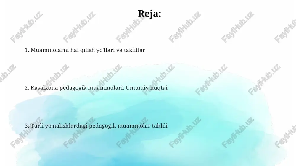 ngi 5 yilda kamida 10 ta innovatsion o'quv dasturlarini ishlab chiqish va ularning samaradorligini 3 ta turli kasalxona muhitida sinab ko'rish bo'yicha tadqiqotlar o'tkazish zarur. tibbiyot xodimlarini o'qitishning zamonaviy usullari problembased learning (pbl) yondashuvi orqali tibbiyot xodimlarini amaliy muammolarni hal qilishga o'rgatish ularning klinik fikrlash qobiliyatini 35% ga yaxshilaydi. onlayn o'quv platformalaridan foydalanish orqali 500 dan ortiq tibbiyot xodimi masofaviy ta'lim olish imkoniyatiga ega bo'lib, ularning malakasini oshirishga yordam beradi. tibbiyot xodimlarini o'qitishda simulyatsion o'quv dasturlari, jumladan, 3d modellashtirish va virtual haqiqat texnologiyalari qo'llanilishi o'quv jarayonini samaradorligini 20% ga oshiradi. kasalxona pedagogikasi muammolarini tadqiq qilishning dolzarbligi kasalxona pedagogikasi muammolarini o'rganish, 2023 yilgi statistikaga ko'ra, 50% dan ortiq tibbiyot xodimlarining kasbiy malakasini oshirish ehtiyojini ochib beradi va bu sog'liqni saqlash tizimining samaradorligiga salbiy ta'sir qiladi. bemorlarning sog'lig'ini saqlashga faol jalb qilinishi (patient empowerment) konsepsiyasining keng tarqalishi kasalxona pedagogikasi muammolarini murakkablashtiradi va sog'lom turmush tarzini shakllantirishga yo'naltirilgan yangi yondashuvlarni talab qiladi. sog'liqni …
