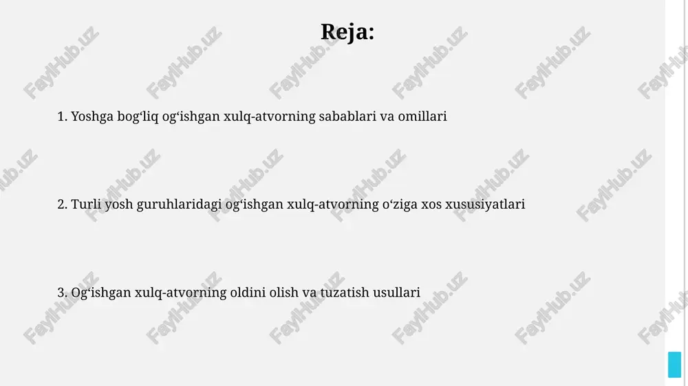 q deviatsiyaviy xulq-atvor turlari 20-25 yosh oraligʻida giyohvand moddalarni iste’mol qilish, agressiv xulq-atvor va oʻz joniga qasd qilishga urinish holatlari nisbatan yuqori boʻlib, bu psixologik stress va ijtimoiy moslashish qiyinchiliklariga bogʻliq. 65 yoshdan oshgan keksalarda depressiya, xotira buzilishi va ijtimoiy izolyatsiya kabi deviatsiyaviy xulq-atvor turlari kuchayib, bu esa fiziologik oʻzgarishlar va ijtimoiy qoʻllab-quvvatlashning yetishmasligidan kelib chiqadi. davolash va reabilitatsiya reabilitatsiya markazlarida o'tkazilgan tadqiqotlar, jinoyatchilikka moyil bo'lgan 30-40 yoshdagi shaxslarning 80% i ijtimoiy-psixologik reabilitatsiya dasturlaridan foydalangan. davolash jarayonida 15-25 yoshdagi yoshlar orasida giyohvandlikka qarshi dasturlar samaradorligi 70% ga yetganini ko'rsatuvchi statistik ma'lumotlar mavjud. voyaga yetganlik davridagi deviatsiya voyaga yetganlik davrida giyohvand moddalarni suiiste’mol qilish 20-30 yosh oraligʻidagi yoshlar orasida 15% ga yetgan, bu esa oʻz navbatida jinoyatchilik va ijtimoiy moslashuvsizlikka olib keladi. oʻsmirlik davri bilan solishtirganda, voyaga yetganlik davrida shaxsiy mas’uliyatning oshishiga qaramay, 30% ga yaqin kattalar impulsiv xatti-harakatlar va oʻzini oʻzi nazorat qilish bilan bogʻliq muammolarga duch keladi. bolalik davridagi …