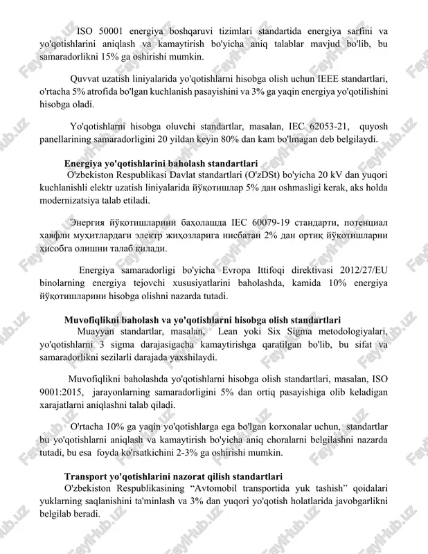rida yo'qotishlarni hisobga olish uchun ieee standartlari, o'rtacha 5% atrofida bo'lgan kuchlanish pasayishini va 3% ga yaqin energiya yo'qotilishini hisobga oladi. yo'qotishlarni hisobga oluvchi standartlar, masalan, iec 62053-21, quyosh panellarining samaradorligini 20 yildan keyin 80% dan kam bo'lmagan deb belgilaydi. energiya yo'qotishlarini baholash standartlari o'zbekiston respublikasi davlat standartlari (o'zdst) bo'yicha 20 kv dan yuqori kuchlanishli elektr uzatish liniyalarida yo'qotishlar 5% dan oshmasligi kerak, aks holda modernizatsiya talab etiladi. energiya yo'qotishlarini baholashda iec 60079-19 standarti, potentsial xavfli muhitlardagi elektr jihozlariga nisbatan 2% dan ortiq yo'qotishlarni hisobga olishni talab qiladi. energiya samaradorligi bo'yicha evropa ittifoqi direktivasi 2012/27/eu binolarning energiya tejovchi xususiyatlarini baholashda, kamida 10% energiya yo'qotishlarini hisobga olishni nazarda tutadi. muvofiqlikni baholash va yo'qotishlarni hisobga olish standartlari muayyan standartlar, masalan, lean yoki six sigma metodologiyalari, yo'qotishlarni 3 sigma darajasigacha kamaytirishga qaratilgan bo'lib, bu sifat va samaradorlikni sezilarli darajada yaxshilaydi. muvofiqlikni baholashda yo'qotishlarni hisobga olish standartlari, masalan, iso 9001:2015, jarayonlarning samaradorligini 5% dan …