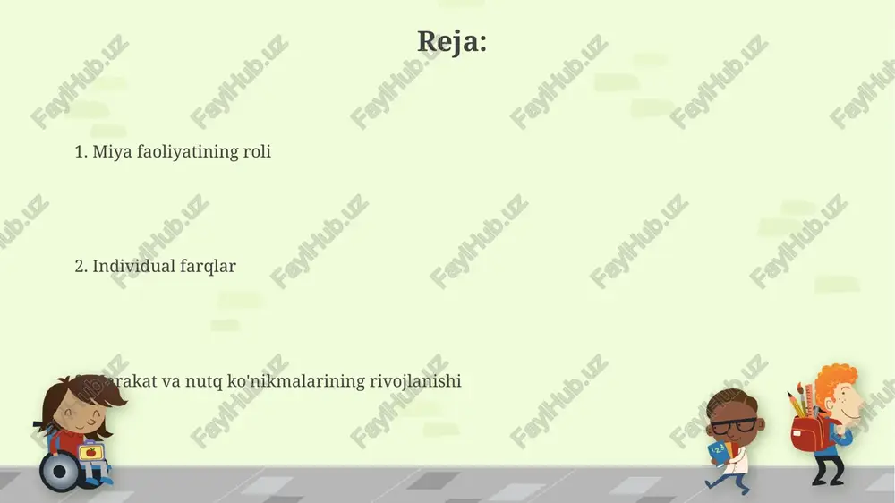 arq qiladi; ba'zi bolalar 3 yoshda erkin yugurishsa, boshqalari esa hali mustaqil yurishni o'rganish jarayonida bo'lishlari mumkin. til rivojlanishining individual farqlari fonetik tovushlarni to'g'ri talaffuz qilishda ham namoyon bo'ladi, ba'zi bolalar 3 yoshda barcha tovushlarni to'g'ri talaffuz qilsa, boshqalarida bu jarayon biroz kechroq sodir bo'lishi mumkin. tilning tushunish va ifoda etish qobiliyatlari uch yoshli bolalarda tilni tushunishda lug'at hajmi o'rtacha 1000-2000 so'zni tashkil etadi, bu ularning sodda gaplarni tushunish va javob berish imkoniyatini beradi. murakkab grammatik tuzilmalarni tushunish darajasi past bo'ladi, sodda fe'l shakllari va otlarni ishlatadigan gaplarni eng yaxshi qabul qiladilar. rivojlanishdagi kechikishlarni aniqlash bolalarda 3 yoshga kelib, murakkab motor ko'nikmalarini (masalan, velosiped haydash yoki sakrash) o'zlashtira olmaslik, gross motor rivojlanishidagi kechikishni bildirishi mumkin. uch yoshli bolalarda qo'l harakatlarida 50% dan ortiq kechikish kuzatilsa, nozik motor rivojlanishida muammo borligini ko'rsatishi mumkin. davolash va reabilitatsiya usullari 3 yoshli bolalarda nutq va harakat mahoratini rivojlantirishda erta diagnostika va individual yondashuv muhim, …