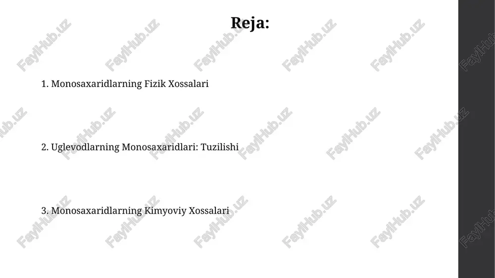 galaktoza sut mahsulotlarida topiladi va glyukozadan farqli ravishda, c4-gidroksil guruhi β konfiguratsiyada joylashgan. fruktoza – glyukozaga nisbatan ancha shirinroq bo'lib, mevalarda va asalda ko'p miqdorda uchraydi, uning α va β anomeralari mavjud. uglevodlarning umumiy tavsifi uglevodlar organizmda energiya manbai sifatida, shuningdek, strukturaviy element sifatida (masalan, sellyuloza) muhim rol o'ynaydi va ularning o'rtacha sutkalik iste'moli umumiy kaloriyaning 45-65% ni tashkil qilishi kerak. monosaxaridlar – eng oddiy uglevodlar, ular gidrolizga uchramaydilar va 3 dan 7 gacha uglerod atomiga ega bo'lishlari mumkin, masalan, glyukoza va fruktoza. monosaxaridlarning izomeriyasi monosaxaridlarning d va l izomerlari, 4-uglerod atomidagi gidroksil guruhining fazoviy joylashishi bilan aniqlanadi, bu esa ularning fizik va kimyoviy xossalariga ta'sir qiladi. piranoza va furanoza shakllaridagi siklik izomeriya, monosaxaridlarning suvli eritmalardagi muvozanat aralashmasini hosil qiladi, bu esa ularning biologik funktsiyalariga ta'sir qiladi. monosaxaridlarning biologik ahamiyati monosaxaridlar, xususan glyukoza, hujayra nafas olishining asosiy yoqilg‘isi bo‘lib, 1 grammiga 4 kkal energiya beradi va organizmning asosiy energiya manbai …