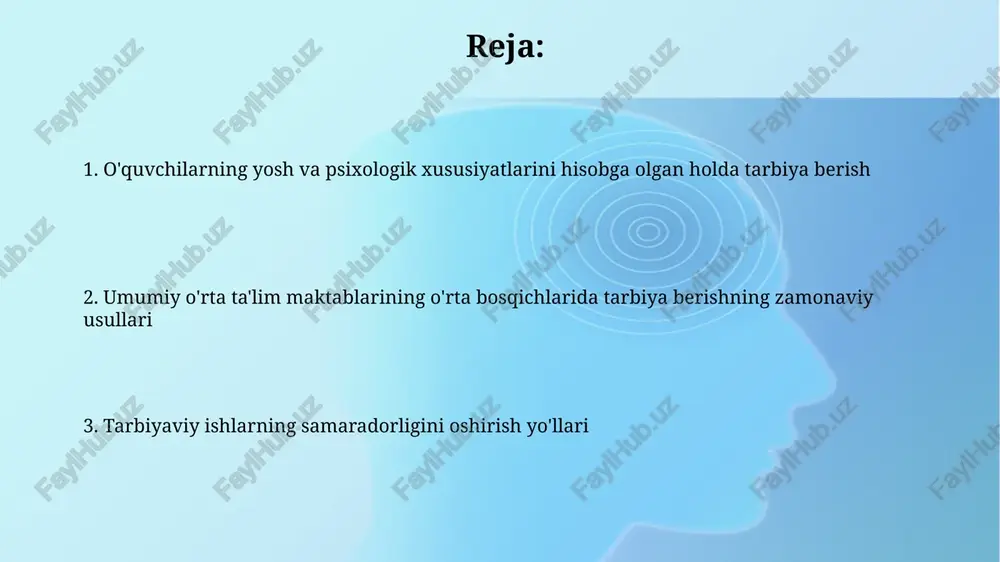 rejani tuzish, harakat qilish, baholash, tuzatish)ni samarali qo'llash mumkinligini ko'rsatdi. umumiy o'rta ta'lim maktablarining o'rta bosqichlarida tarbiya berishning zamonaviy usullari o'quvchilarning shaxsiy rivojlanishini baholashda portfel usuli keng qo'llanilib, kamida 3 ta turdagi ishlarning namunalari (testlar, loyihalar, ijtimoiy faoliyat) yig'iladi va o'quv yilining yakunida tahlil qilinadi. "aks ettirish" texnologiyalari yordamida o'quvchilarning o'z-o'zini baholash ko'nikmalarini rivojlantirishga e'tibor qaratilib, 85% gacha o'quvchilar o'zlarining kamchiliklarini aniqlash va ularni bartaraf etish yo'llarini topish imkoniyatiga ega bo'lishadi. jamoaviy va individual ishlarning ahamiyati jamoaviy va individual ishlarning optimal nisbati (masalan, 60% jamoaviy, 40% individual) o‘quv jarayonining samaradorligini sezilarli darajada oshiradi va har bir o‘quvchining potensialini to‘liq ochib beradi. individual ishlarning samaradorligi o‘quvchilarning mustaqil fikrlash va o‘z-o‘zini boshqarish qobiliyatlarini 40% ga yaxshilaydi, o'rganish uslublariga moslashuvchanlikni ta'minlaydi. ota-onalar va o'qituvchilarning hamkorligi ota-onalar va o‘qituvchilar o‘rtasidagi muntazam uchrashuvlar (kamida oyiga 1 marta) o‘quvchilarning akademik yutuqlari va ijtimoiy-axloqiy rivojlanishi to‘g‘risida samarali muloqotni ta’minlaydi. 50% dan ortiq ota-onalarning maktab tadbirlarida faol ishtiroki, …