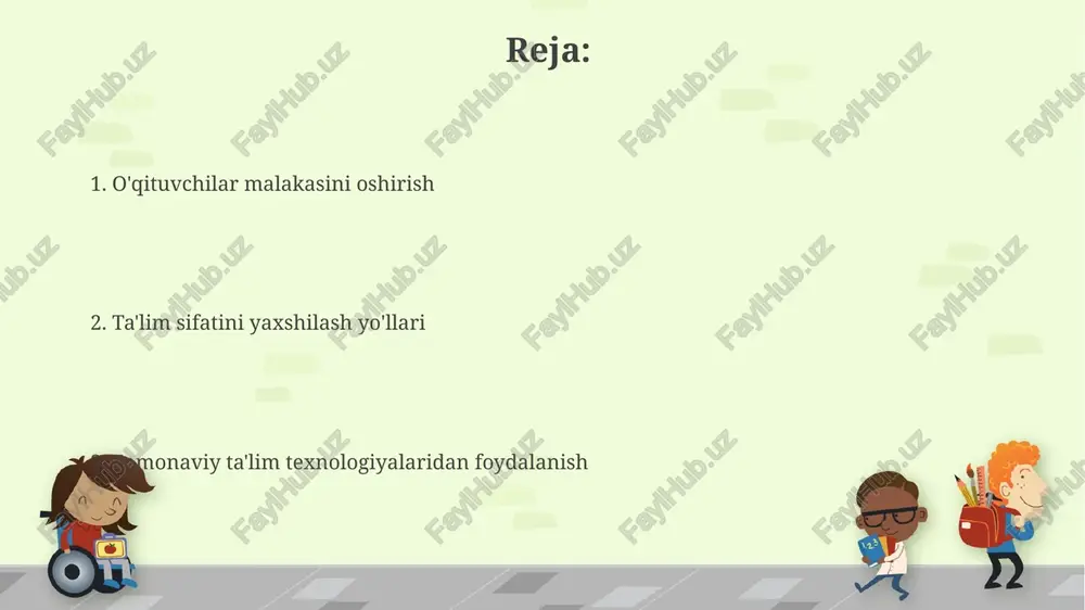 atoriyalarni zamonaviy asbob-uskunalar bilan jihozlash. o'qituvchilar va ota-onalar o'rtasidagi hamkorlikni mustahkamlash ota-onalarning 70% dan ortig'i maktabdagi faoliyatlarga jalb qilinganda, o'quv jarayoniga bo'lgan ishtiroki va bolaning o'ziga bo'lgan ishonchi ortadi. o'qituvchilar va ota-onalar o'rtasidagi muntazam uchrashuvlarni (kamida oyiga 1 marta) tashkil etish, o'quvchilarning yutuqlari va muammolari bo'yicha samarali muloqotni ta'minlaydi. zamonaviy texnologiyalarni qo'llash onlayn ta'lim platformalari va virtual laboratoriyalar yordamida 50 nafarga yaqin o'quvchi bir vaqtning o'zida individual yondashuv asosida ta'lim olishi, shuningdek, ta'lim resurslariga doimiy kirishi mumkin. zamonaviy texnologiyalar, masalan, interfaol o'quv dasturlari va simsiz tarmoqlar, o'quv jarayonini 20% ga samaradorligini oshirishi va o'quvchilarning bilim olishga bo'lgan qiziqishini kuchaytirishi mumkin. ta'lim sifatini yaxshilash yo'llari o‘qituvchilarning malakasini oshirish bo‘yicha 50 soatlik maxsus treninglarni tashkil etish orqali pedagogik kompetensiyalarni sezilarli darajada yaxshilashga erishish mumkin. o‘quv rejasini o‘quvchilarning individual ehtiyojlariga moslashtirish orqali, o‘rtacha ballarni 15% ga ko‘tarish va imkoniyatlar tengsizligini kamaytirish mumkin. inklyuziv ta'limni rivojlantirish inklyuziv ta'lim samaradorligini baholashda, kamida 2 yil davomida …
