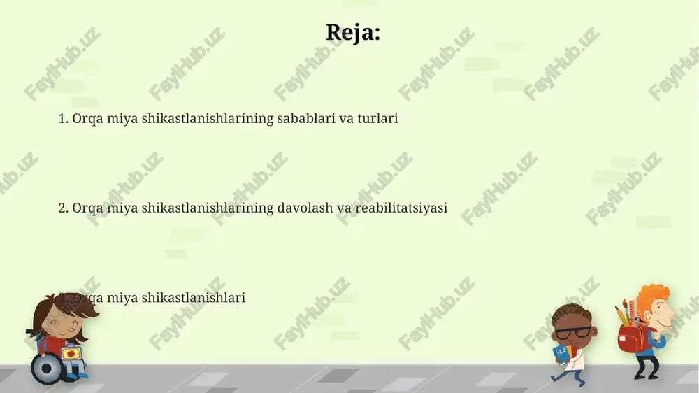 hda, umurtqa pog'onasining shikastlangan qismlarini o'rnini tiklash uchun 90% hollarda metall konstruktsiyalar (vintlar, plastinalar) qo'llaniladi, bu esa bemorning tiklanishini tezlashtiradi. spinal stenoz kabi holatlarda, jarrohlik davolash paytida disk eksiziyasi yoki laminectomiya kabi 2-3 xil jarrohlik texnikasi qo'llanilishi mumkin, bemorning holatiga qarab. umurtqa pog'onasining to'liq shikastlanishi holatlarida, jarrohlik davolash natijasida harakatlanish funksiyasining 5-10% tiklanishi kuzatiladi, ammo bu jarrohlikning murakkabligi va bemorning individual xususiyatlariga bog'liq. tashxis qo'yish usullari elektromiografiya (emg) va nerv o'tkazuvchanligini tekshirish (ncs) orqali shikastlangan nerv tolalarining faoliyatini baholash va shikastlanish darajasini aniqlash mumkin, shu jumladan, 30 dan ortiq mushak guruhlari tekshiriladi. miyada shikastlanish darajasini aniqlash uchun 1-5 balldan iborat asia shkalasi qo‘llaniladi, bu esa bemorning harakatlanish va sezish qobiliyatini baholashga yordam beradi. magnit-rezonans tomografiya (mrt) orqali o'murtqa pog'onasining batafsil tasvirini olish mumkin, bu esa shikastlanishning aniq joylashuvini va og'irligini aniqlash imkonini beradi. oldini olish orqa miya shikastlanishlarning 80% dan koʻprogʻi avtohalokatlar yoki boshqa travmalar natijasida roʻy beradi, bu esa …