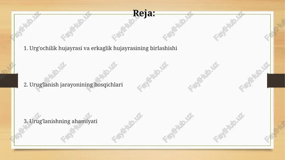 antiradi, lekin ba'zan polispermiya – bir nechta spermatozoidlarning tuxum hujayrasiga kirishi kuzatilishi mumkin, bu esa embrion rivojlanishining buzilishiga olib kelishi mumkin. gametogenez jarayoni oogenez jarayoni tugallanishi uchun 12-50 yil kerak bo'lishi mumkin va natijada bitta funktsional tuxum hujayrasi (ovum) va uchta qutb tanachasi hosil bo'ladi. gametogenez jarayonida, spermatogenez 74 kun davom etadi va natijada 4 ta harakatlanuvchi spermatozoid hosil bo'ladi, har biri diploid hujayradan (2n) haploid (n) ga aylanadi. meoz jarayoni davomida homolog xromosomalar ajralib, gametalarning haploid (n) xromosomalar to'plamini shakllantirishini ta'minlaydi, bu esa urug'lanishdan keyin diploid (2n) zigota hosil bo'lishiga olib keladi. kortikal reaksiya kortikal reaksiya tuxum hujayraning plasmalemmasida ion kanallarining ochilishiga va ca2+ ionlarining hujayra ichiga oqib kirishiga olib keladi, bu esa 10 soniya ichida sodir bo'ladi. ushbu reaksiya natijasida kortikal granulalar tuxum hujayra membranasining tashqi tomoniga chiqariladi va ular tarkibidagi fermentlar sperma hujayralarining tuxum hujayraga birikishini oldini oladi. kortikal reaksiya polispermiya (bir nechta sperma hujayralarining tuxum hujayraga …