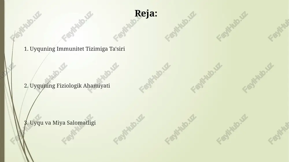 asalliklar, masalan, yurak-qon tomir kasalliklari ehtimolini pasaytiradi. kuniga 7-8 soat uyqu qon bosimini normallashtiradi va yurak-qon tomir tizimi kasalliklari xavfini sezilarli darajada kamaytiradi, bu esa umr ko'rish davomiyligini oshiradi. uyqusizlik metabolik sindromning rivojlanish xavfini oshiradi, bu esa 2-toifa diabet, semirish va yurak kasalliklari kabi surunkali kasalliklar xavfini kuchaytiradi. diqqat va konsentratsiyaning oshishi uyqudan mahrum bo‘lish prefrontal korteks faoliyatini pasaytiradi, bu esa muhim ma’lumotlarga diqqatni jamlash va konsentratsiyani sezilarli darajada qiyinlashtiradi. rem uyqusi davrida miya muhim xotiralarni mustahkamlaydi, bu esa keyingi kunlarda ma'lumotlarni tezroq eslab qolish va konsentratsiya qobiliyatini yaxshilashga yordam beradi. yetarlicha uyqu miqdori, masalan, 7-8 soat, diqqatni 10-15% ga oshirishi va kognitiv funktsiyalarni yaxshilashi ilmiy jihatdan isbotlangan. uyqusizlikning salbiy oqibatlari uyqusizlik yurak-qon tomir kasalliklari xavfini 40% ga oshiradi, qon bosimini va yurak urish tezligini oshiradi, bu esa infarkt xavfini sezilarli darajada oshiradi. uyqusizlik immunitet tizimini zaiflashtiradi, yuqumli kasalliklarga chalinish xavfini 4 barobarga oshiradi va kasallikdan tuzalish vaqtini uzaytiradi. surunkali …
