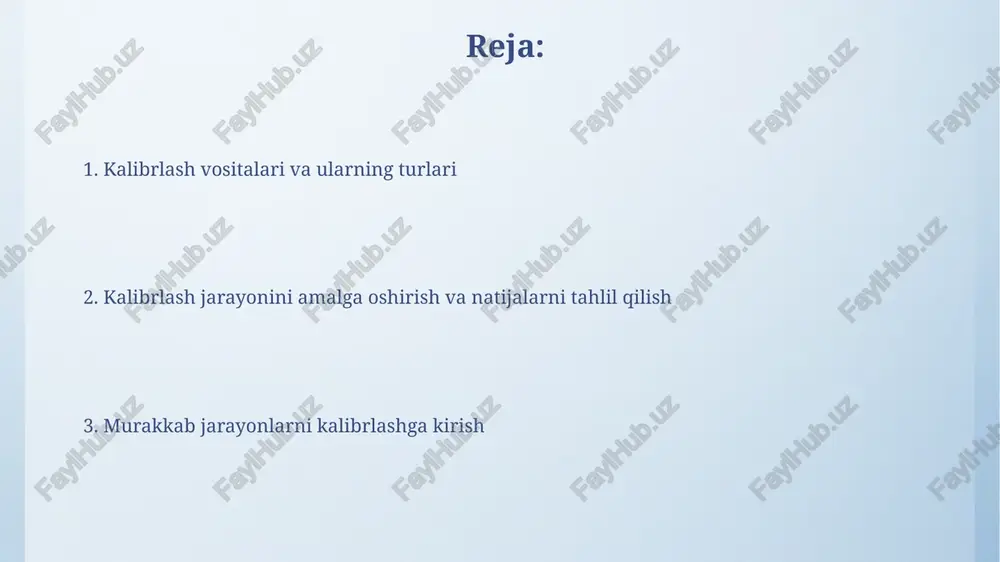 beradi, bu esa ularning ko'p qirrali bo'lishini ta'minlaydi. kalibratorlarni tanlash mezonlari kalibrator tanlashda uning o'lchov diapazoni va aniqlik darajasi (masalan, ±0,1% dan kam bo'lishi) muhim mezon bo'lib, jarayonning talablariga mos kelishi kerak. kalibratorning barqarorligi va takrorlanuvchanligi, ya'ni 10 marta o'lchashdagi oʻrtacha noaniqlik 0,05% dan oshmasligi, uzoq muddatli ishonchlilikni ta'minlaydi. kalibrlash turlari har bir kalibrlash turi ma’lum bir interval bilan takrorlanadi, bu esa oʻlchov asboblarining ishlash qobiliyatini va aniqligini ta’minlaydi. masalan, yuqori aniqlikdagi asboblar yiliga 2 marta kalibrlanishi mumkin. kalibrlashning 3 ta asosiy turi mavjud: 1) toʻgʻrilash (adjust), 2) sozlash (setting), 3) tekshirish (verification), ularning har biri turli aniqlik darajalariga va uskunalarga bogʻliq holda amalga oshiriladi. o'lchov vositalarini kalibrlash oʻlchov vositalarini kalibrlashda statistik usullar qoʻllaniladi, masalan, regressiya tahlili orqali oʻlchov xatoliklarini aniqlash va r² koeffitsiyenti yordamida kalibrlashning sifatini baholash amalga oshiriladi. oʻlchov vositalarini kalibrlash jarayoni davomida 0,1% dan kam boʻlmagan aniqlikka erishish uchun, ma’lum bir harorat va namlik sharoitida, kamida 3 …