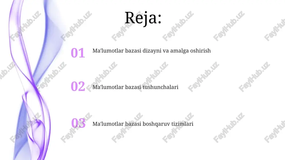 tini kamaytirish, resurs iste'molini kamaytirish va umumiy ma'lumotlar bazasi tezligini oshirish. ma'lumotlar bazasi xavfsizligi ma'lumotlar yaxlitligini ta'minlash uchun jadvallar, munosabatlar va cheklashlarni aniqlash. ma'lumotlarni tuzilgan tarzda tashkil qilish va saqlash. ma'lumotlarni ruxsatsiz kirish, o'zgartirish yoki o'chirishdan himoya qilish. normalizatsiya ma'lumotlar bazalari ma'lumotlarni saqlash va boshqarishni ta'minlaydi, bu esa ma'lumotlarni samarali qidirish, tahlil qilish va almashish imkonini beradi. ma'lumotlar bazasini yaratish jadvallarni, ustunlarni, aloqalarni va cheklashlarni aniqlashni o'z ichiga oladi. normalizatsiya ma'lumotlarning takrorlanishini kamaytirish va ma'lumotlar yaxlitligini oshirish uchun ma'lumotlarni tartibga soladi. ma'lumotlar bazasi tushunchalari ma'lumotlar bazasi tushunchalari: ma'lumotlarni samarali saqlash va qayta olish uchun tuzilgan formatlarda tashkil etish. ma'lumotlar bazasini boshqarish tizimlari (dbms): ma'lumotlar bazasini yaratish, boshqarish va ulardan foydalanish uchun dastur ta'minoti. ma'lumotlar bazasini yaratish: haqiqiy dunyo ma'lumotlarini modellashtirish uchun jadvallar, ustunlar va o'zaro bog'liqliklarni aniqlash. sql asoslari sql asoslari: strukturlashtirilgan so'rov tili (sql) relational ma'lumotlar bazalaridagi ma'lumotlarni boshqarish va ular bilan ishlash uchun ishlatiladi. u ma'lumotlarni olish, kiritish, …