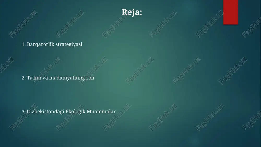 iy boyliklarini himoya qilish va barqaror amaliyotlarni targ'ib qilish uchun juda muhimdir. o'zbek madaniyati tabiatga hurmat va uyg'un jamiyat uchun uning ahamiyatini ta'kidlaydi. iqtisodiy imkoniyatlar atrof-muhit ta'limi barqaror rivojlanish va resurslarni boshqarish uchun juda muhim. o'zbekistonning boy madaniy merosini saqlash turizmni jalb qiladi va milliy ongning shakllanishiga yordam beradi. oʻzbekistonning iqtisodiy imkoniyatlari qazib olish, toʻqimachilik va qishloq xoʻjaligini oʻz ichiga oladi. maktablarda barqaror amaliyotlar maktablarda barqarorlik amaliyotlari yosh avlodda ekologik ong va mas'uliyatni rivojlantiradi. ekologiya masalalari haqida tushuncha beruvchi va o'quvchilarni faol o'zgarish qiluvchilarga aylantirishga yordam beruvchi ekologik ta'lim. o'zbekistonda tabiiy boyliklarni saqlab qolish uchun ekologik ongli madaniyatni shakllantirish juda muhim. siyosat va qonunchilik o'zbekiston milliy siyosat va qonunchilik orqali atrof-muhit ta'limi va madaniyatini ustuvor yo'nalish sifatida belgilaydi. bu siyosatlar fuqarolar orasida ekologik ong, bilim va mas'uliyatli ekologik amallarni rivojlantirishga qaratilgan. ekologik ta'lim va madaniyat o'zbekistonning barqaror rivojlanishi va tabiiy boyliklarini himoya qilish uchun muhim deb hisoblanadi. ekologik onglilik kampaniyalari …