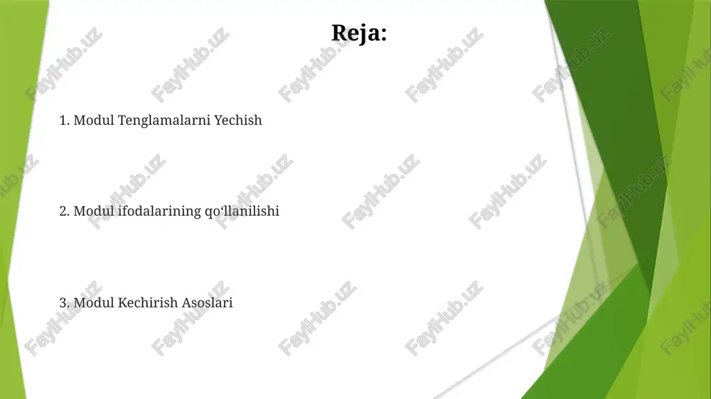 etikasi kongruentlik - bu ikki butun sonning farqi ma'lum bir butun songa (modulga) bo'linadigan munosabat. modul ifodalar - bu modul arifmetikasini o'z ichiga olgan matematik ifodalar bo'lib, ko'pincha qoldiqni topish uchun modulo operatoridan (%) foydalaniladi. modul arifmetikasi sonlar ma'lum bir qiymatga, ya'ni modulga yetganda "o'ralib qoladigan" butun sonlar uchun arifmetik tizimidir. modul ifodalar bilan amal bajarish qo'llanmalar: kriptografiya, xatolikni aniqlash kodlari va jadvallash. modul yaqinlashuv: bo'linishdan qolganlarni o'z ichiga oladi. operatsiyalar: qo'shish, ayirish, ko'paytirish va darajaga ko'tarish aniq qoidalarga amal qiladi. sonlar nazariyasi va modul ifodalari modul yaqinlashuvi kriptografiya, kompyuter fanlari va soat, taqvim kabi kundalik hayot vaziyatlarida qo'llaniladi. modul ifodalar bo'linishdan qolgan qoldiqlarni ifodalaydi, a ≡ b (mod m) deb yoziladi, bu a va b ni m ga bo'lganda bir xil qoldiq qoldirishini anglatadi. e'tiboringiz uchun rahmat @taqdimot_robot