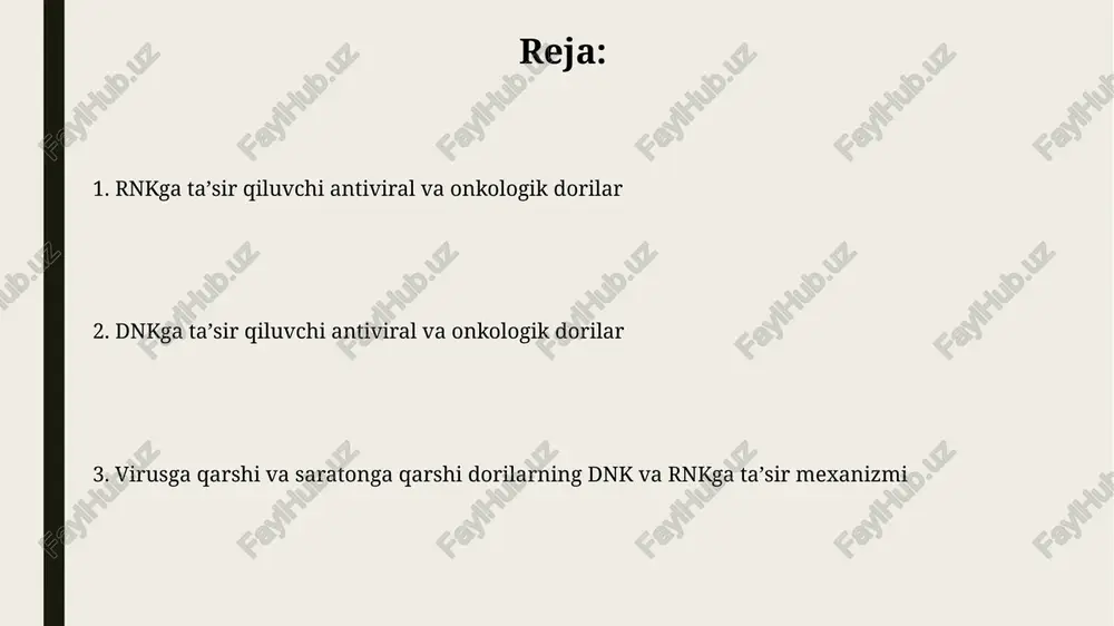 olib keladi. virusli fermentlar inhibitörleri neyraminidaza inhibitörlari kabi ba'zi virusli fermentlar inhibitörlari virus zarralarining hujayradan ajralib chiqishini to'xtatib, yuqumli virus miqdorini sezilarli darajada (90% gacha) pasaytiradi. virusli fermentlar inhibitörlari, masalan, nukleotid analoglari, dnk yoki rnk polimerazalarining faoliyatini 10-1000 marta susaytirib, virus replikatsiyasini to'xtatadi. saratonga qarshi dorilarning dnk va rnkga ta'siri mexanizmi topoizomeraza ingibitorlari, xususan, kamptotetsin, dnk topoizomeraza i va ii fermentlarini bloklab, dnk replikatsiyasini va transkriptsiyasini buzadi, bu esa 2-3 marta rak kletkalari o'sishini sekinlashtiradi. nukleozid/nukleotid analoglari, masalan, atsiklovir va zidovudin, dnk/rnk polimerazalarini ingibirlab, viruslarning dnk/rnk sintezini to'xtatib, 50% gacha virusli yukni kamaytiradi. antimetabolitlar antimetabolitlar, masalan, 5-fluorourasil, dnk sintezini inhibe qilish orqali saraton hujayralarining ko'payishini to'xtatadi, chunki ular timin bilan raqobatlashadi va noto'g'ri dnk zanjiri hosil bo'lishiga olib keladi. metotreksat kabi antimetabolitlar dihidrofolat reduktazani inhibe qiladi, bu esa tetrahidrofolat hosil bo'lishini kamaytiradi va shu bilan dnk va rnk sintezida muhim bo'lgan nukleotidlarning biosintezini buzadi. rnk replikatsiyasini ingibitsiya qiluvchi dorilar rnk …