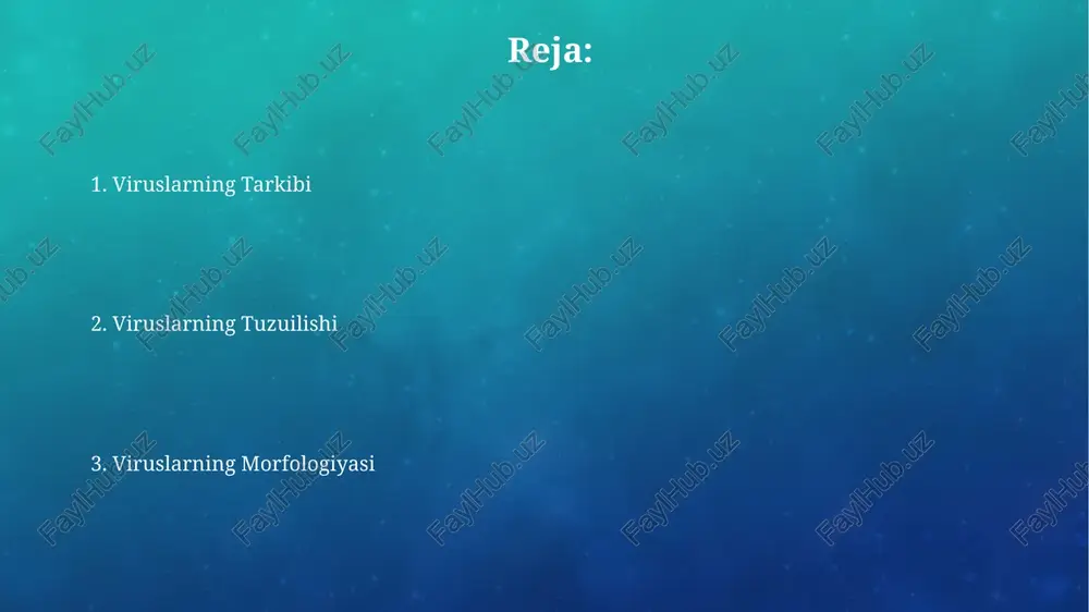 nlarining glyukozilatsiyasi darajasi virusning patogenligi va immunogenligi kabi xususiyatlarini aniqlaydi va ba'zi hollarda 50% gacha farq qilishi mumkin. virus kapsidining tuzilishi virus kapsidlari ikki, uch yoki ko'proq oqsil subbirliklaridan, kapsomerlardan tashkil topgan bo'lib, ularning soni virus turiga qarab 20 dan 1000 gacha o'zgarib turadi. virus kapsidlarining ikkita asosiy geometrik shakli mavjud: ikosaedr (20 uchburchak yuzli) va spiral (o'ralgan). ikkala tuzilish ham yuqori darajada simmetriyaga ega. murakkab viruslarning tuzilishi murakkab viruslarning genomlari bir nechta rnk molekulalaridan iborat boʻlib, ularning har biri oʻziga xos kapsid bilan oʻralgan boʻlishi mumkin. murakkab viruslarning tuzilishi ko'pincha ikki yoki undan ortiq turdagi simmetriyadan (masalan, ikosahedral va spiral) iborat boʻlib, yuqori darajadagi murakkablikni namoyish etadi. viruslarning replikatsiyasi viruslarning replikatsiyasi hujayra ichida 5 ta asosiy bosqichdan iborat: birikish, kirish, transkripsiya, translatsiya va yig’ilish. har bir bosqich virusning o’ziga xos mexanizmlarini talab qiladi. virus genomining ko’payishi dna yoki rna polimerazalar orqali amalga oshiriladi, bu esa minglab virusli zarralarning hosil …