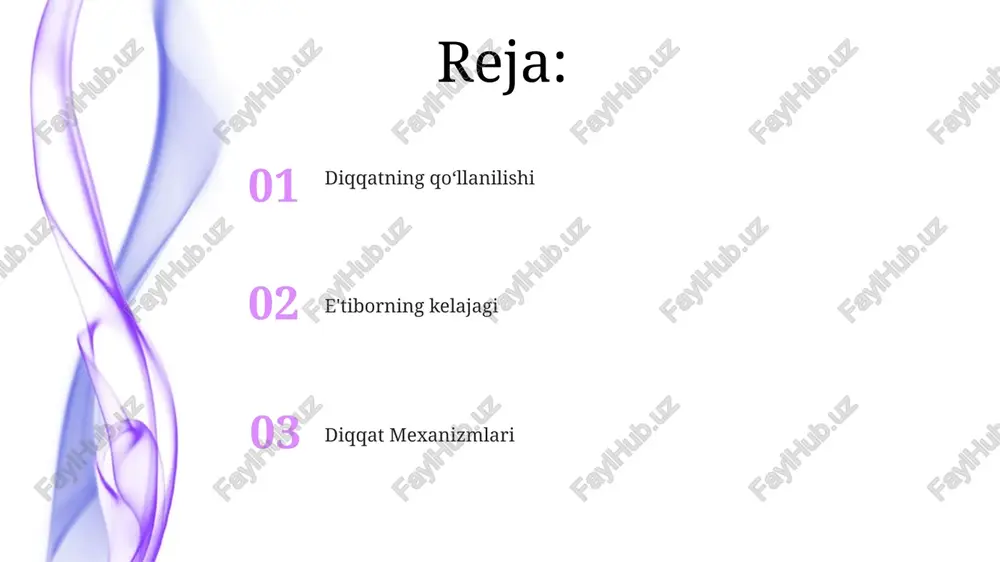 idrok - bu atrof-muhitni tushunish uchun sezgi ma'lumotlarini talqin qilish jarayoni. diqqatning neyrofiziologiyasi dopamin va norepinefrin kabi neyrokimyoviy moddalar e'tibor jarayonlariga ta'sir qiladi. diqqat - bu ko'pgina neyron tarmoqlari ishtirokida amalga oshiriladigan murakkab miya funksiyasi. texnologiya'da diqqat tabiiy tilni qayta ishlash, kompyuter ko'rish va robototexnika kabi turli sohalarda e'tibor qaratilmoqda. e'tibor mexanizmlari mashina o'rganishda muhim kirishlarni ustuvorlashtirish orqali model samaradorligini oshirish uchun ishlatiladi. diqqat va o'rganish tanlash diqqati bizga chalg'ituvchi omillarni filtrlash va o'rganish uchun kerakli ma'lumotlarga e'tibor qaratish imkonini beradi. diqqat o'qishda muhim rol o'ynaydi, chunki u kognitiv resurslarni tegishli ma'lumotlarga yo'naltiradi. diqqat va xotira 01 02 xotira ma'lumotlarni saqlash va qayta olishda muhim ahamiyatga ega, diqqat esa bu jarayonda muhim rol o'ynaydi. diqqat - bu chalg'ituvchilarni e'tiborsiz qoldirib, ma'lum bir ma'lumotga e'tibor qaratish qobiliyatidir. sales 1st qtr 2nd qtr 100 0 sales 1st qtr 2nd qtr 100 0 diqqat: bu nima? e'tibor: u ixtiyoriy yoki majburiy ravishda yo'naltirilishi …