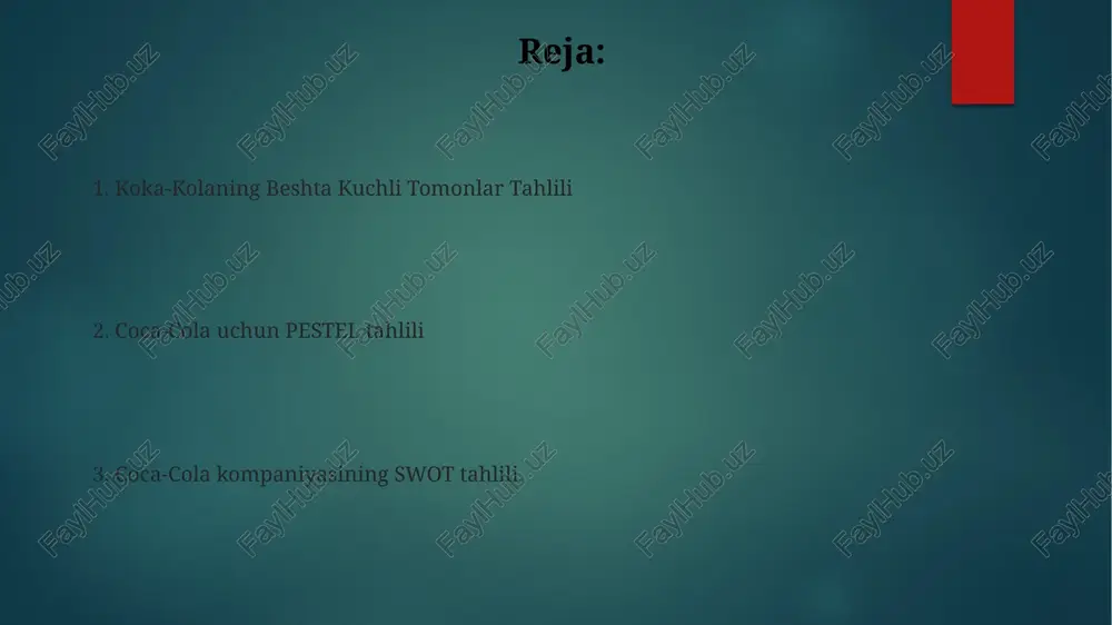 end tanilibligi, kuchli tarqatish tarmog'i, xilma-xil mahsulotlar portfeli. tahdidlar (threats) tahdidlar: boshqa ichimlik kompaniyalari bilan raqobat, iste'molchilarning o'zgarib turuvchi afzalliklari, iqtisodiy tanglik. coca-cola kompaniyasi faoliyatiga ta'sir etuvchi pestel tahlili: siyosiy, iqtisodiy, ijtimoiy, texnologik, ekologik, huquqiy omillar. pestel tahlili: atrofdagi omillar shakar miqdori va qadoqlash bo'yicha hukumat qoidalari mahsulot ishlab chiqarish va marketingga ta'sir qiladi. mijozlarning ekologik barqarorlik haqida xabardorligi brendga bo'lgan qarashlariga va sotib olish qarorlariga ta'sir qiladi. pestel tahlili: ijtimoiy omillar sog'liqni saqlashga bo'lgan e'tiborning oshishi va shakar iste'moli haqidagi tashvishlar sog'lomroq alternativlarga bo'lgan talabni oshirdi. iste'molchilarning sog'liq va barqarorlikka bo'lgan afzalliklari o'zgarib, kam shakarli va tabiiy ichimliklarga talab ortib bormoqda. imkoniyatlar imkoniyatlar: yangi bozorlarga kengayish, mahsulot portfelini diversifikatsiya qilish, barqarorlik tashabbuslarini targ'ib qilish. pestel tahlili: coca-cola faoliyatiga ta'sir etuvchi siyosiy, iqtisodiy, ijtimoiy, texnologik, ekologik va yuridik omillar. pestel tahlili: iqtisodiy omillar foiz stavkalari, inflyatsiya va erkin daromad narx va xarid qobiliyatiga ta'sir qiladi. iqtisodiy o'sish va tebranishlar ichimliklarga …