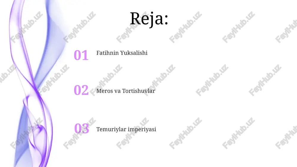 ilmni himoyalashi bilan tanilgan edi. temur mirzo merosi timuriylar imperiyasini, markaziy osiyo, fors va yaqin sharqning katta qismini qamrab olgan keng hududga asos soldi. asrlar davomida mintaqaviy siyosatga ta'sir etgan me'moriy yutuqlar, madaniy homiylik va kuchli imperiyaning merosini qoldirib ketdi. hokimiyatga ko'tarilish 01 02 amir temur, temurlan deb ham tanilgan, 14-asrda yashagan turkiy-mo'g'ul fathchisi edi. u harbiy iste'dodi va shafqatsizligi bilan tanilgan, keng hududlarni zabt etgan va terror hamda madaniy ta'sirning merosini qoldirgan. sales 1st qtr 2nd qtr 100 0 sales 1st qtr 2nd qtr 100 0 e'tiboringiz uchun rahmat @taqdimot_robot image4.jpg image5.jpg image6.jpg image7.jpg image8.jpg image9.jpg image10.jpg image11.jpg image12.jpg image13.jpg image14.jpg image15.jpg image1.jpeg image2.jpeg image3.jpeg