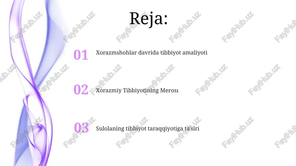 iyotiga ta'sirlar profilaktik sog'liqni saqlash va jamoat salomatligiga e'tibor qaratish. yunon va fors tibbiyot an'analari. xorazmiy sulolasi: tarixiy umumiy nuqtai xorazmshohlar sulolasi 11-13-asrlarda gullab-yashnagan kuchli markaziy osiyo imperiyasi edi. xorazm tibbiyoti fors va yunon an'analari ta'sirida rivojlangan va u yangi davolash usullari va jarrohlik texnikalarini ishlab chiqqan. jarrohlik muolajalar va texnikasi jarrohlik amaliyotlar suyag'ni tuzatish, yaralarni davolash va amputatsiyani o'z ichiga olgan. tibbiy matnlar kasalliklar, jarohatlar va zaharlarni davolash usullarini hujjatlashtirgan. e'tiboringiz uchun rahmat @taqdimot_robot image4.jpg image5.jpg image6.jpg image7.jpg image8.jpg image9.jpg image10.jpg image11.jpg image12.jpg image1.jpeg image2.jpeg image3.jpeg