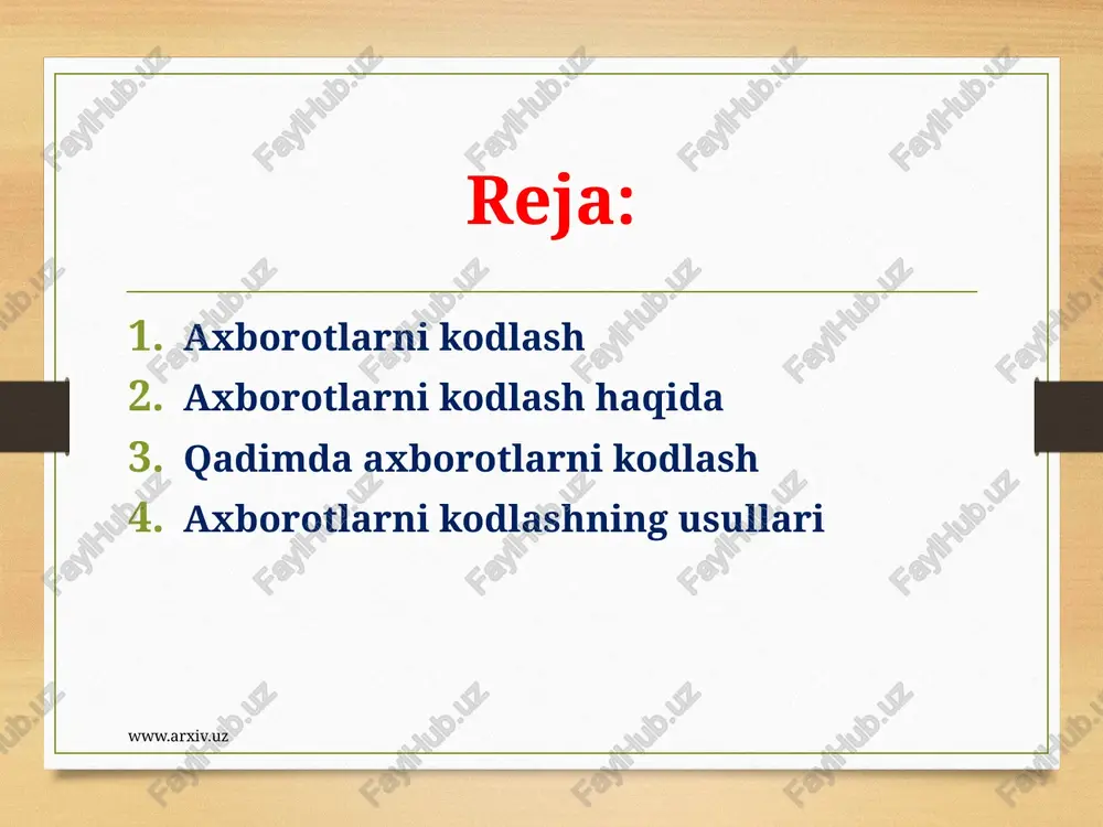 axsiy kompyuter, raqamli telefon, raqamli fotoapparat, raqamli videokamerani misol qilish mumkin. www.arxiv.uz axborotlar ustida amallar bajarish qulay bo'lishi uchun aniq bir qoidalar asosida boshqa ko'rinishga o'tkazish jarayoni axborotni kodlash deyiladi. axborotlarni kodlash insoniyat tomonidan faqat amallar bajarish qulay bo'lishi uchun emas, balki axborotni maxfiy saqlash uchun ham qo'llanilgan. kodlashning bu ko'rinishi shifrlash deb ataladi. www.arxiv.uz qadimda axborotlarni kodlash hayotda axborotni kodlashning ko'pdan-ko'p usullari mavjud. birinchi kodlashni qo'llagan inson qadimgi gretsiya sarkardasi lisandro hisoblanadi. u axborotni maxfiy saqlash, ya'ni kodlash uchun ma'lum bir qalinlikdagi "ssital" tayoqchasini o'ylab topgan. kodlashning bu usuli o'rin almashtirish usuli deb ataladi. www.arxiv.uz qadimgi rim imperatori yuliy sezar ham axborotni maxfiyligini saqlash uchun matnni kodlash usulini o'ylab topgan. "sezar shifri"da matndagi harf alifboda o'zidan keyin kelgan uchinchi harfga alimashtiriladi. bunda alifbo doiraviy yozilgan hisoblanadi. bu kodlash usul alifboni surish usuli deyiladi. sezar usulidan foydalanganda belgini istalgancha surish mumkin. www.arxiv.uz axborotlarni kodlashning usullari semyuel morze 1837-yilda elektromagnit telegraf …