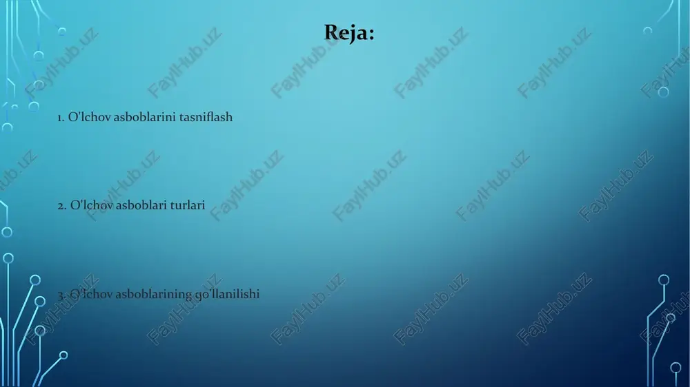 k, termal), chiqish turi (masalan, ko'rsatkich, raqamli) va qo'llanilish sohasi (masalan, elektr, mexanik) bo'yicha tasniflangan. to'g'ridan-to'g'ri o'qiladigan asboblar asboblar funksiyasi (masalan, bosim, harorat), jismoniy printsipi (masalan, mexanik, elektr) va ishlash usuli (masalan, analog, raqamli) bo'yicha tasniflanadi. keng tarqalgan turlari orasida bosim o'lchagichlari, termometrlar, oqim o'lchagichlari va elektr o'lchagichlari mavjud. raqamli asboblar o'lchov printsipi va chiqishiga ko'ra: analog, raqamli, mexanik, elektr va boshqalar. tasnif: o'lchangan miqdor (masalan, harorat, bosim), aniqlik, diapazon va qo'llanilish (masalan, sanoat, laboratoriya). ko'rsatmalar ölchov asboblarini ularning vazifasiga ko'ra, masalan, uzunlik, harorat, bosim yoki oqimni o'lchash kabi tasniflash mumkin. analog, raqamli, mexanik, elektr va elektron asboblar, har biri o'ziga xos xususiyatlari va qo'llanilishiga ega. o'lchov asboblari bilan tanishish tasnif: to'g'ridan-to'g'ri, bilvosita, analog, raqamli turlari: mexanik, elektrik, elektron, raqamli. mexanik asboblar o'lchangan miqdor bo'yicha tasniflash: uzunlik, vazn, vaqt, harorat, bosim, oqim va boshqalar. o'lchov asboblari turlari: analog (shkala bo'yicha o'qish), raqamli (raqamli displey) va hibrid (ikkalasini birlashtirgan). e'tiboringiz uchun …