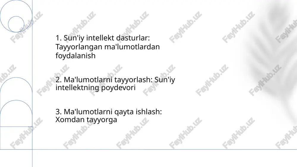 lish va tahlil qilish: trendlarni, o'zaro bog'liqliklarni va anomaliyalarni tushunish uchun ma'lumotlardan tushunchalar va naqshlarni taqdim etish. 7. ma'lumotlarni qayta ishlash va saqlash ma'lumotlarni qayta ishlash va saqlash: sun'iy intellekt algoritmlari uchun ulkan miqdordagi ma'lumotlarni samarali boshqarish va saqlash. ma'lumot sifati: ishonchli ai tushunchalari uchun ma'lumotlarning aniqligi, izchilligi va to'liqligiga ishonch hosil qilish. e'tiboringiz uchun rahmat @taqdimot_robot image1.png image2.jpg image3.jpg image4.jpg image5.jpg image6.jpg image7.jpg image8.jpg