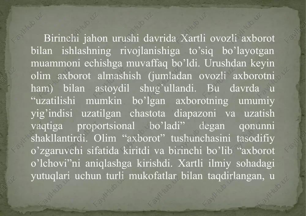 ud. axborot nazariyasi quyidagi lemmalar asosida isbotlangan: 1-lemma.uzunligi k ga teng bo’lgan ikkilikdagi so’zlar soni 2kga teng. 2-lemma.faqat va faqat n to’plamdagi elementlar soni 2kdan oshmagandagina ushbu to’plamda k dan oshmagan kodlar uzunligidagi bir qiymatli ikkilik kodlash mumkinbo’ladi. hayotda barchahodisalar ham bir hil ehtimollikka ega bo’lavermaydi. ko’plabhodisalar mavjudki, ularning amalga oshish ehtimolliklari ham turlicha bo’ladi. masalan, nosimmetrik jismni yerga tashlashdagi, yoki “buterbrod qonuni” (“sariyog’li buterbrodni qo’ldan tushirib olganimizda asosan sariyog’ tomoni bilan erga tushishi.”) dagi ehtimolliklar turlicha. tarixiy ma`lumot 1948 yilda amerikalik injener va matematik k. shennon turli ehtimollikka ega bo’lgan hodisalarning amalga oshishidagi axborot miqdorini hisoblash formulasini tavsiya etdi. agar i –axborot miqdori,k–amalga oshishi mumkin bo’lgan hodisalar soni, pi–hodisalarning ehtimolligi bo’lsa, u holda turli ehtimollikdagi hodisalarning amalga oshishi haqidagi axborotning miqdori i =-sum pilog2pibo’ladi, buyerdai1 dan k gacha qiymat qabul qiladi. endi xartli formulasini shennon formulasining xususiy holatidagi formulasisifatida qarashimiz mumkin:i =-sum 1 / k log2(1 / k) = …